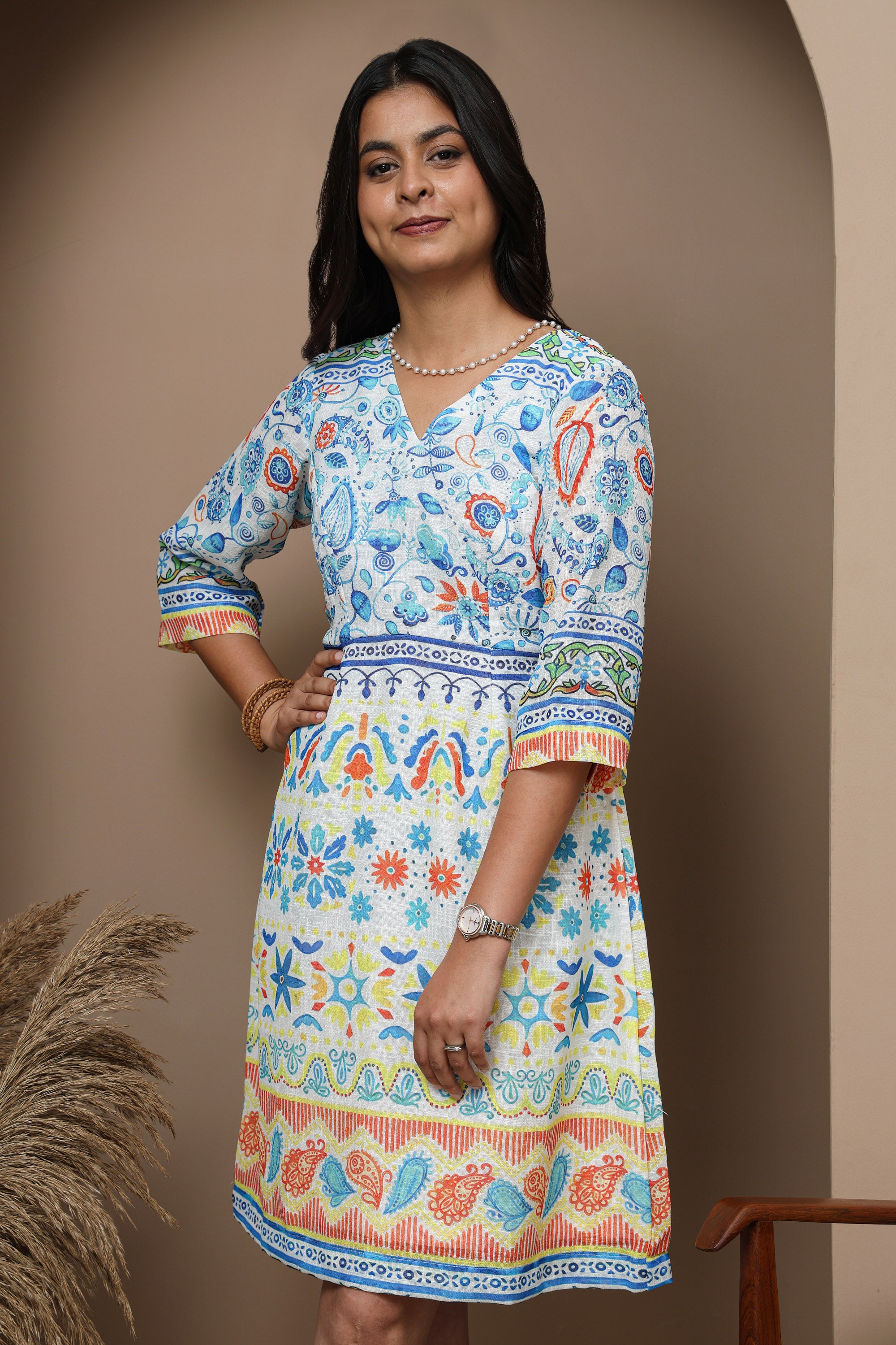 Linen V-Neck Dress with Ethnic Prints