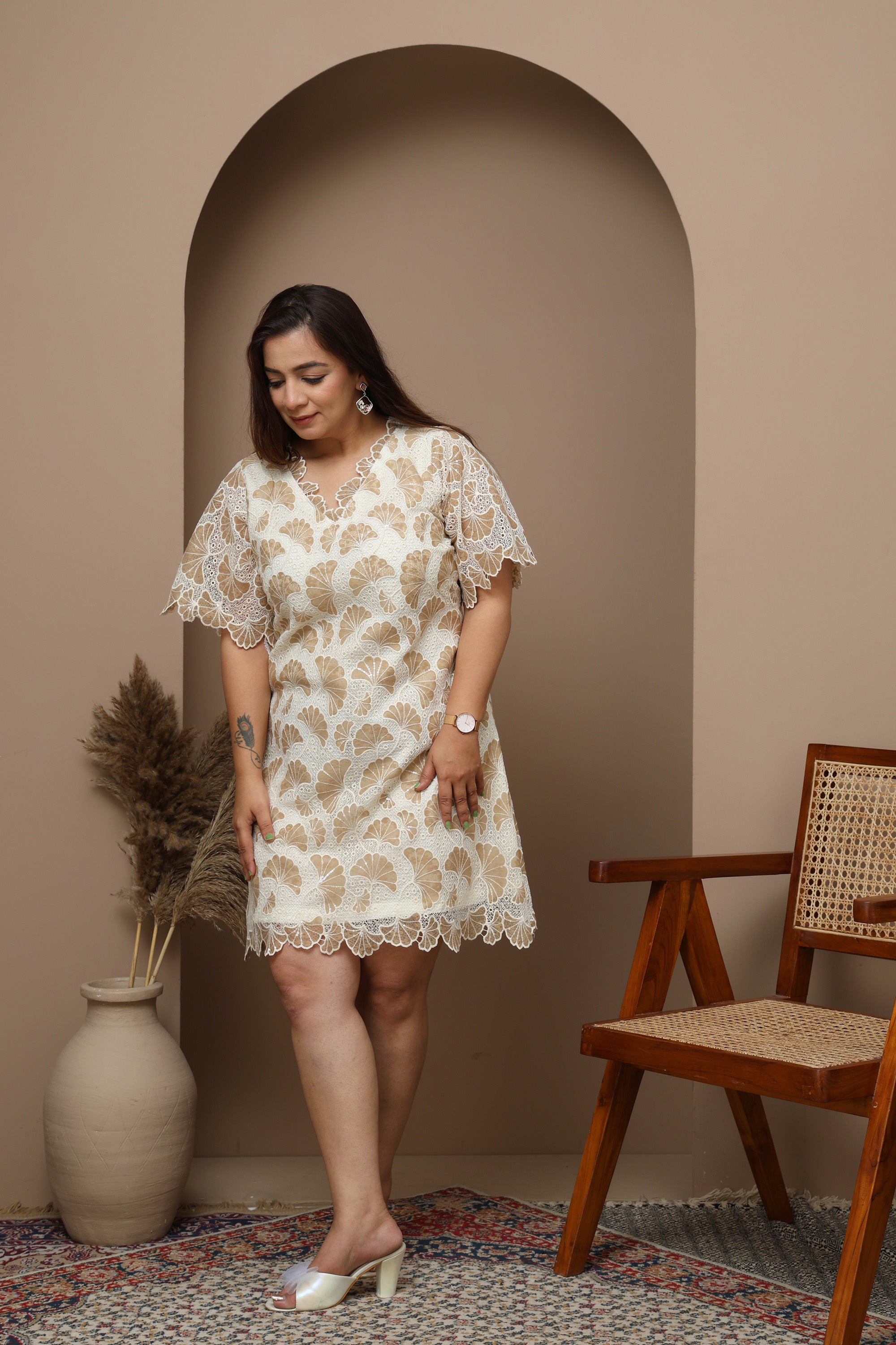 Gold Net A-Line Dress with Sequin Fan Motifs