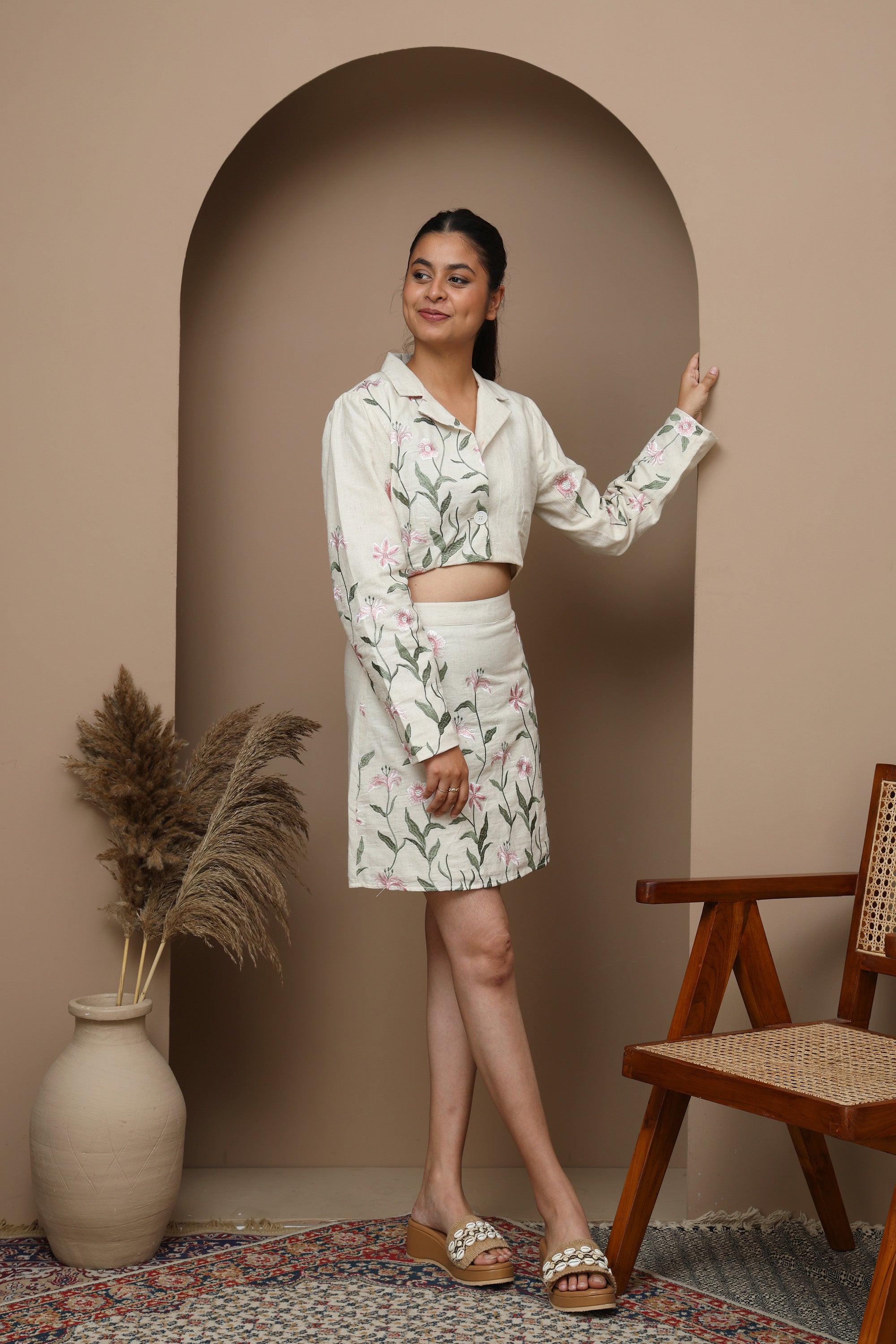 Pink Floral Cotton Full Sleeve Top & Skirt Set