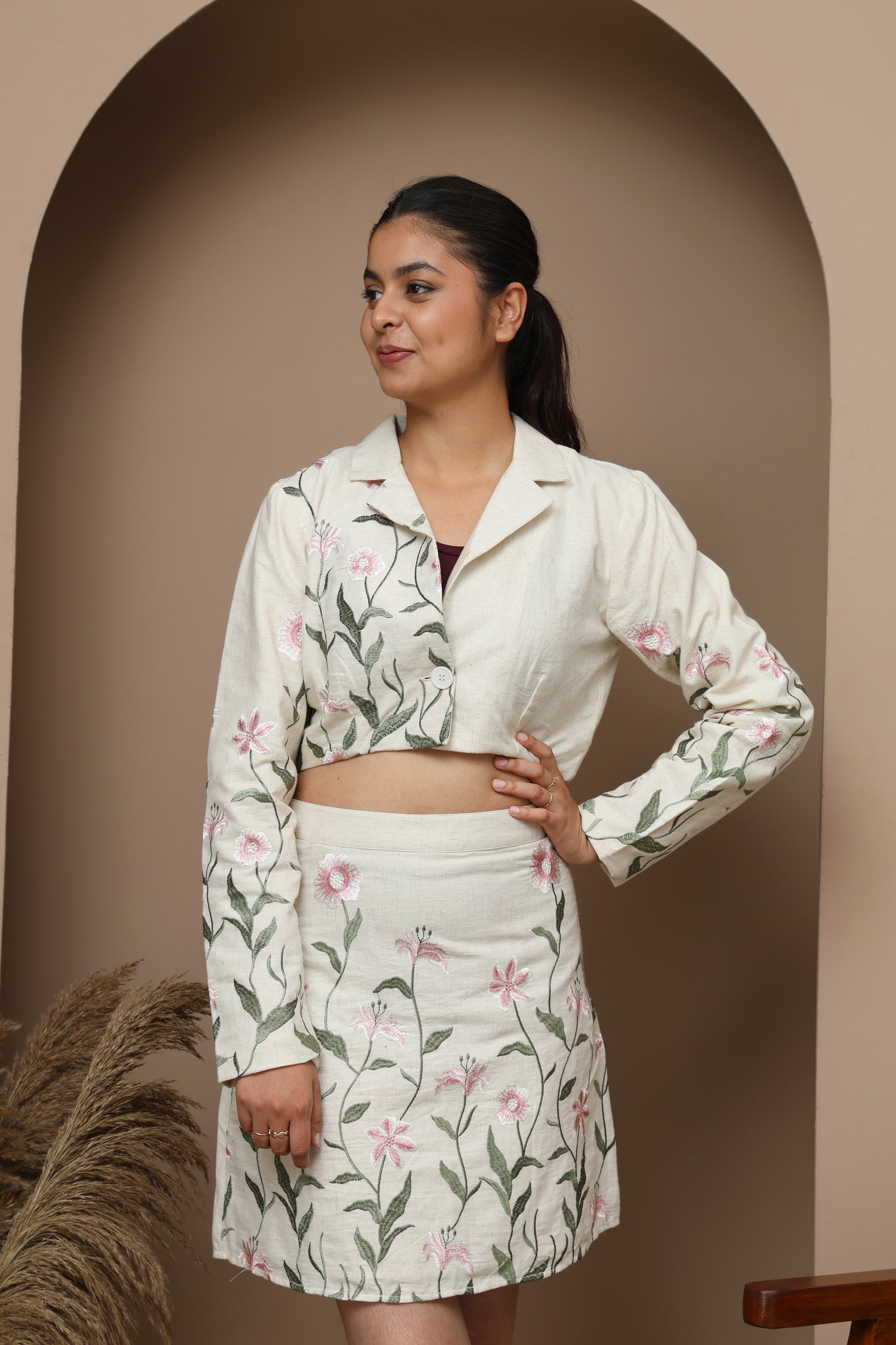Pink Floral Cotton Full Sleeve Top & Skirt Set