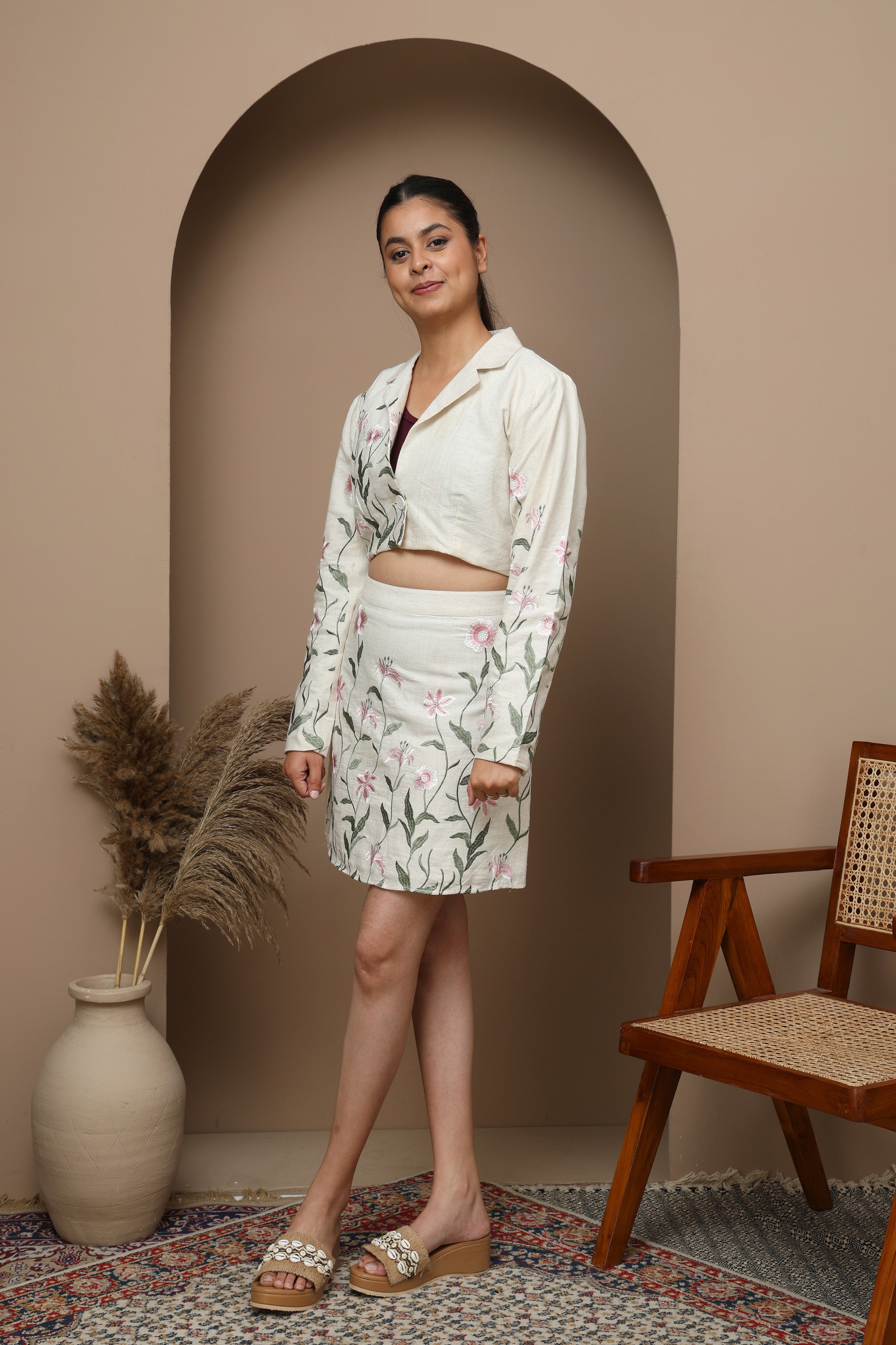 Pink Floral Cotton Full Sleeve Top & Skirt Set