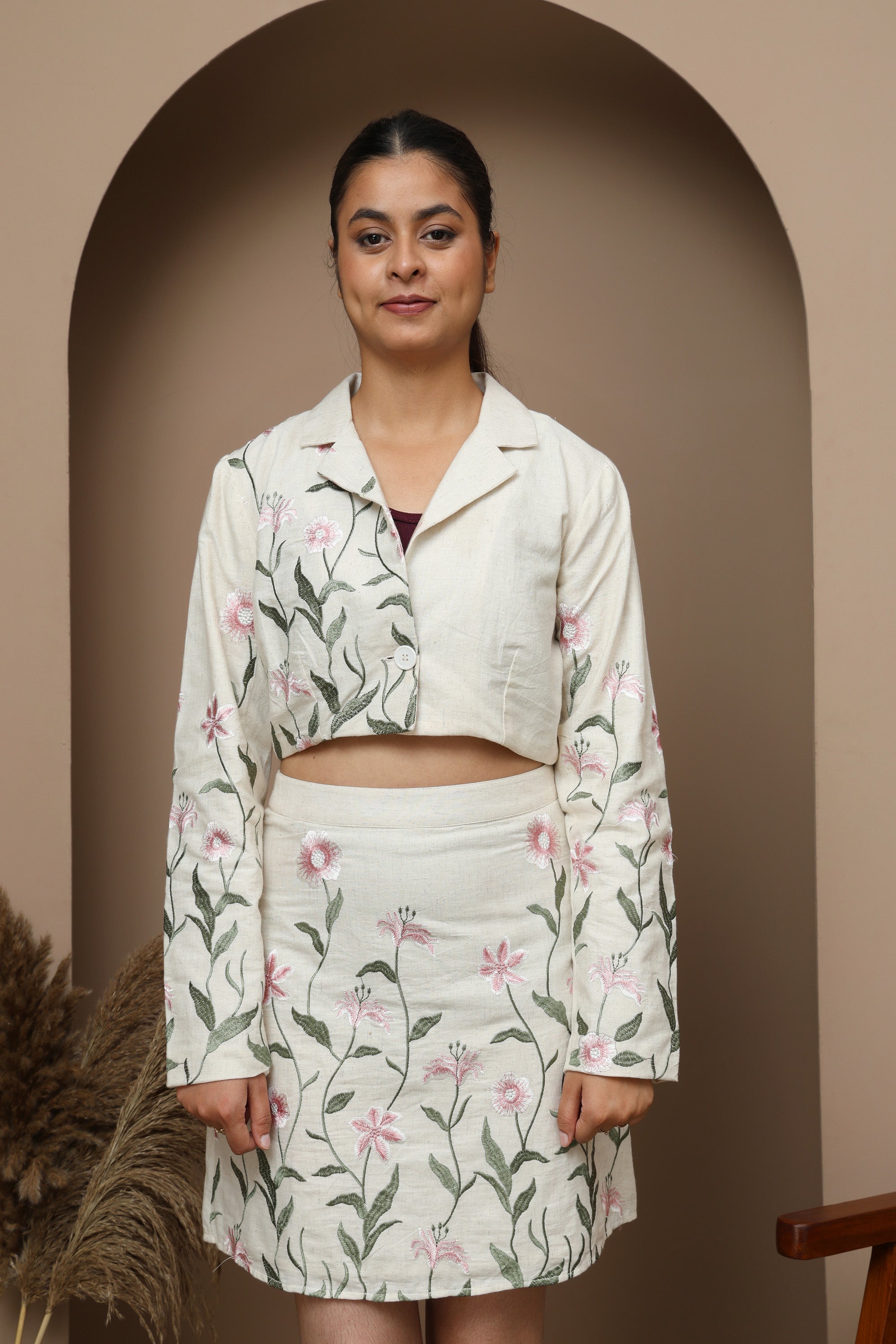 Pink Floral Cotton Full Sleeve Top & Skirt Set