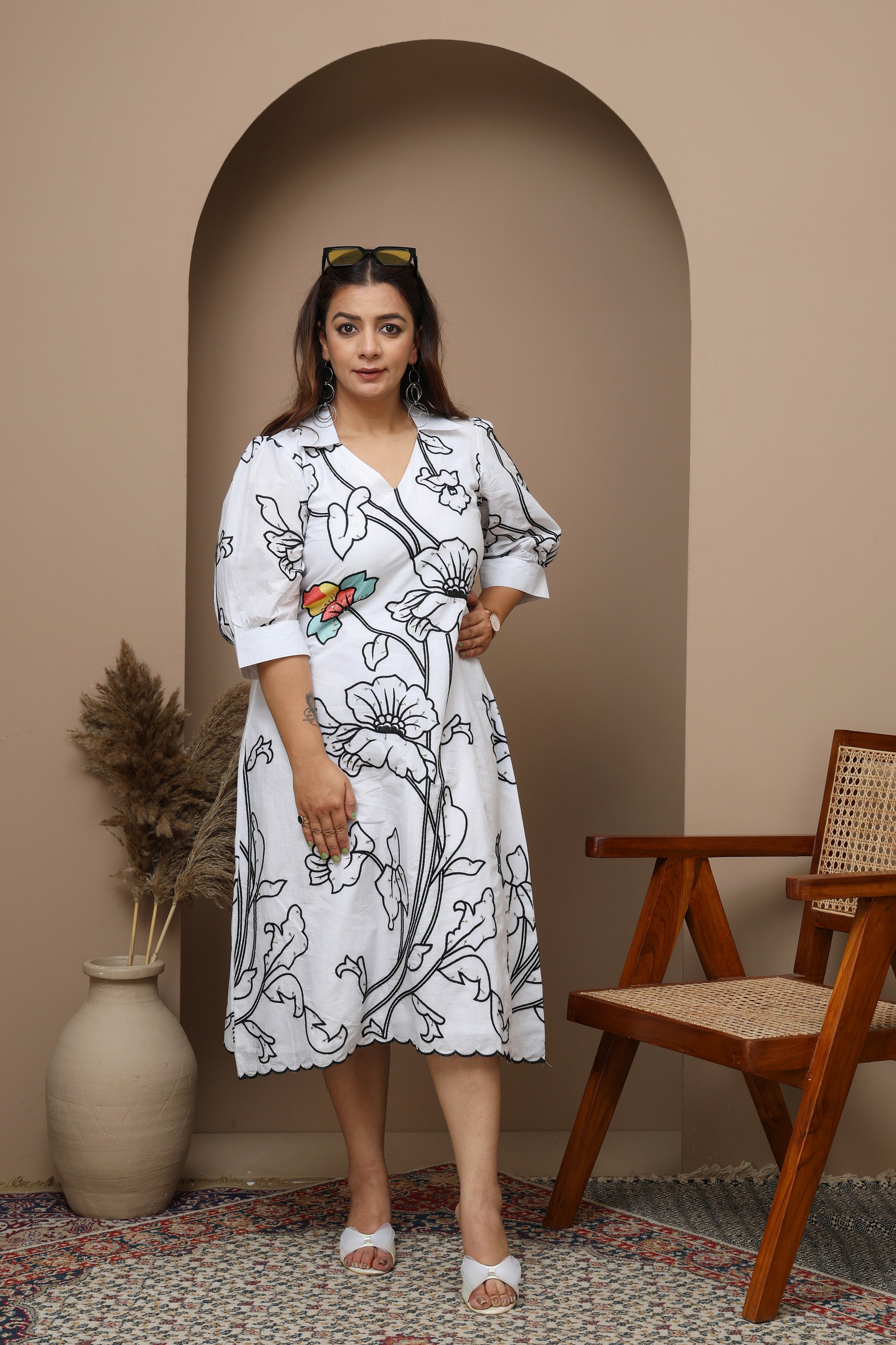 White Cotton V-Neck Dress