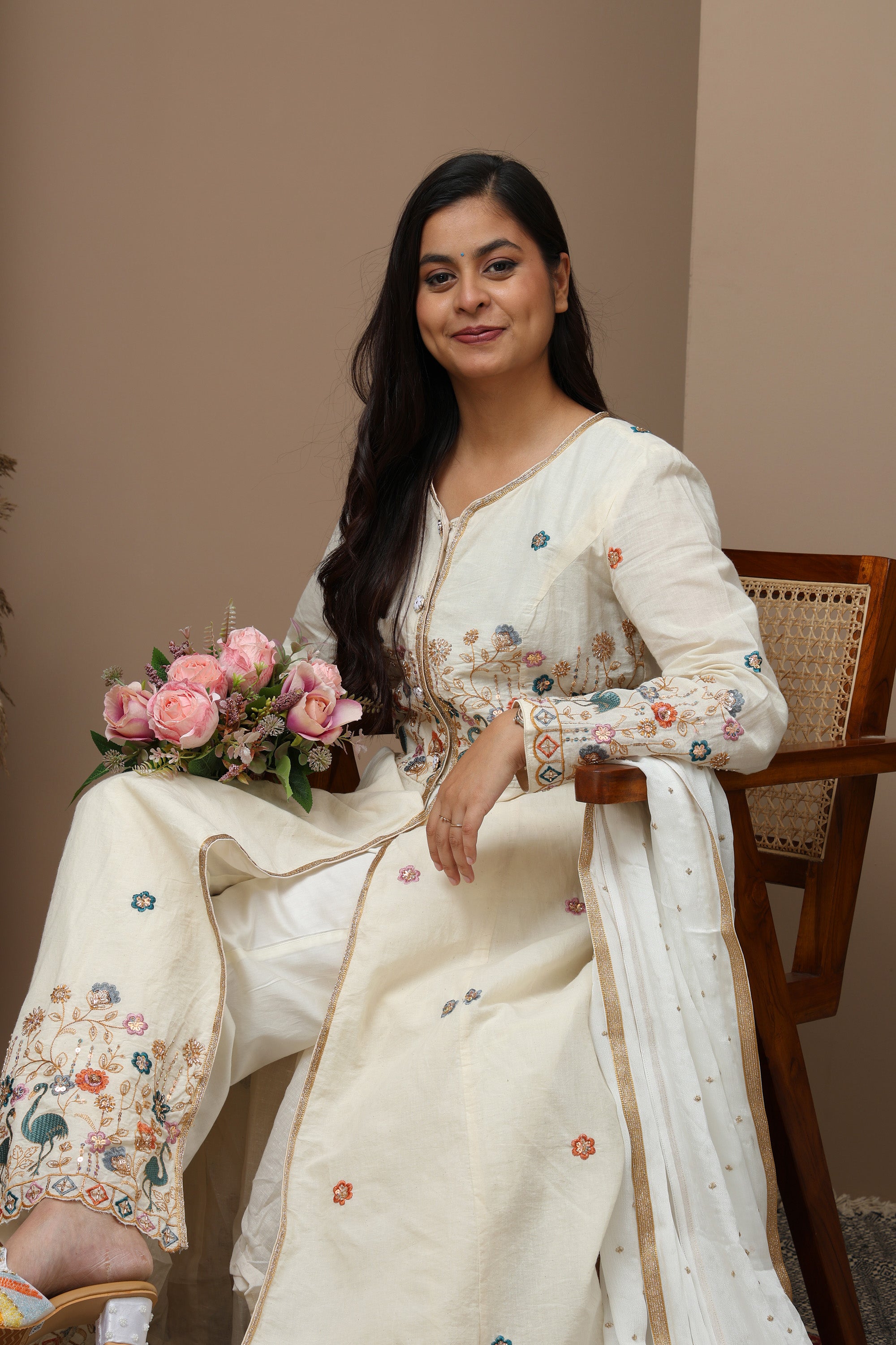 White Cotton Front-Open Embroidered Suit