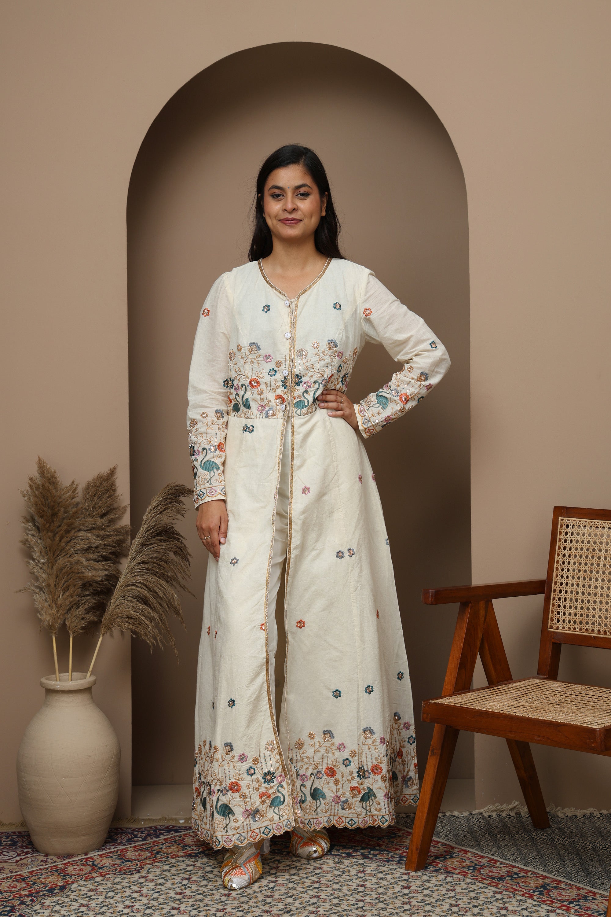 White Cotton Front-Open Embroidered Suit