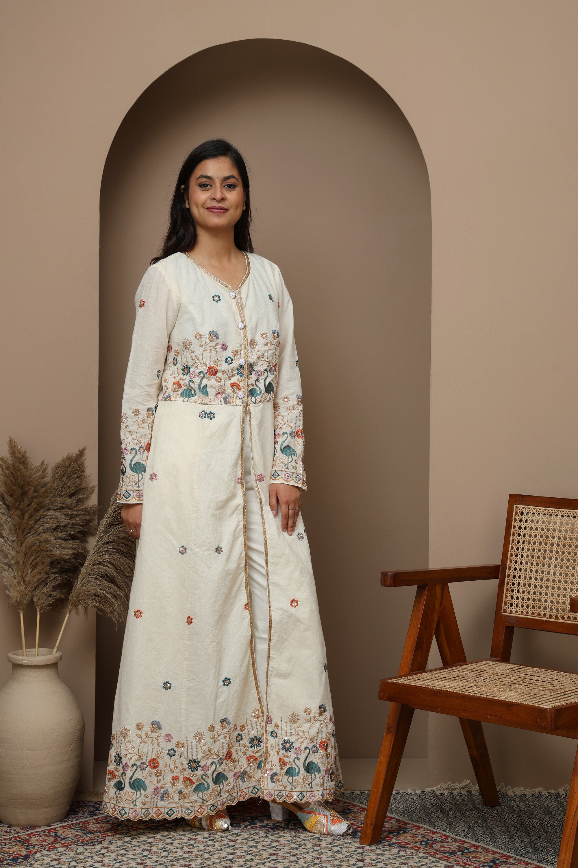 White Cotton Front-Open Embroidered Suit