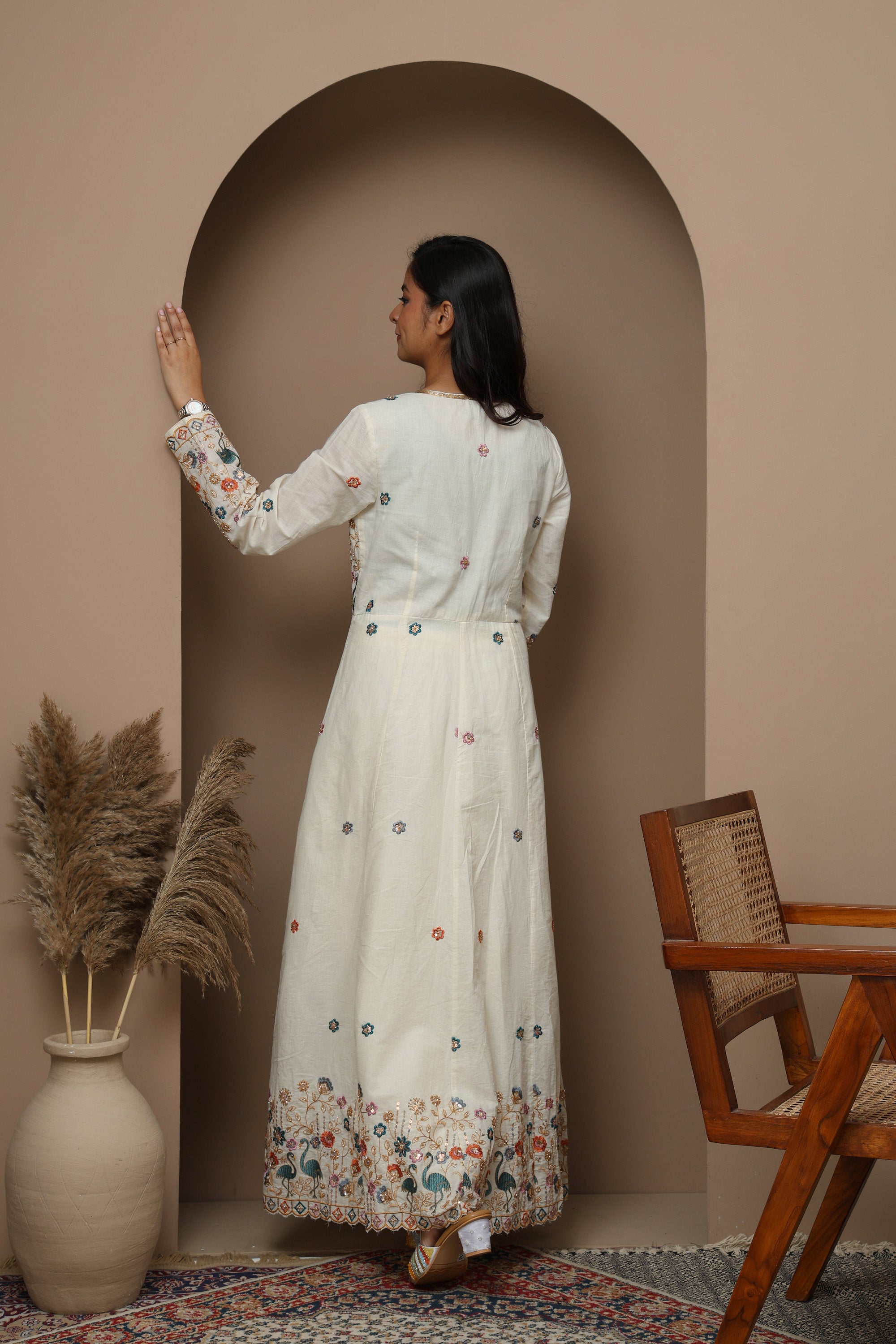 White Cotton Front-Open Embroidered Suit