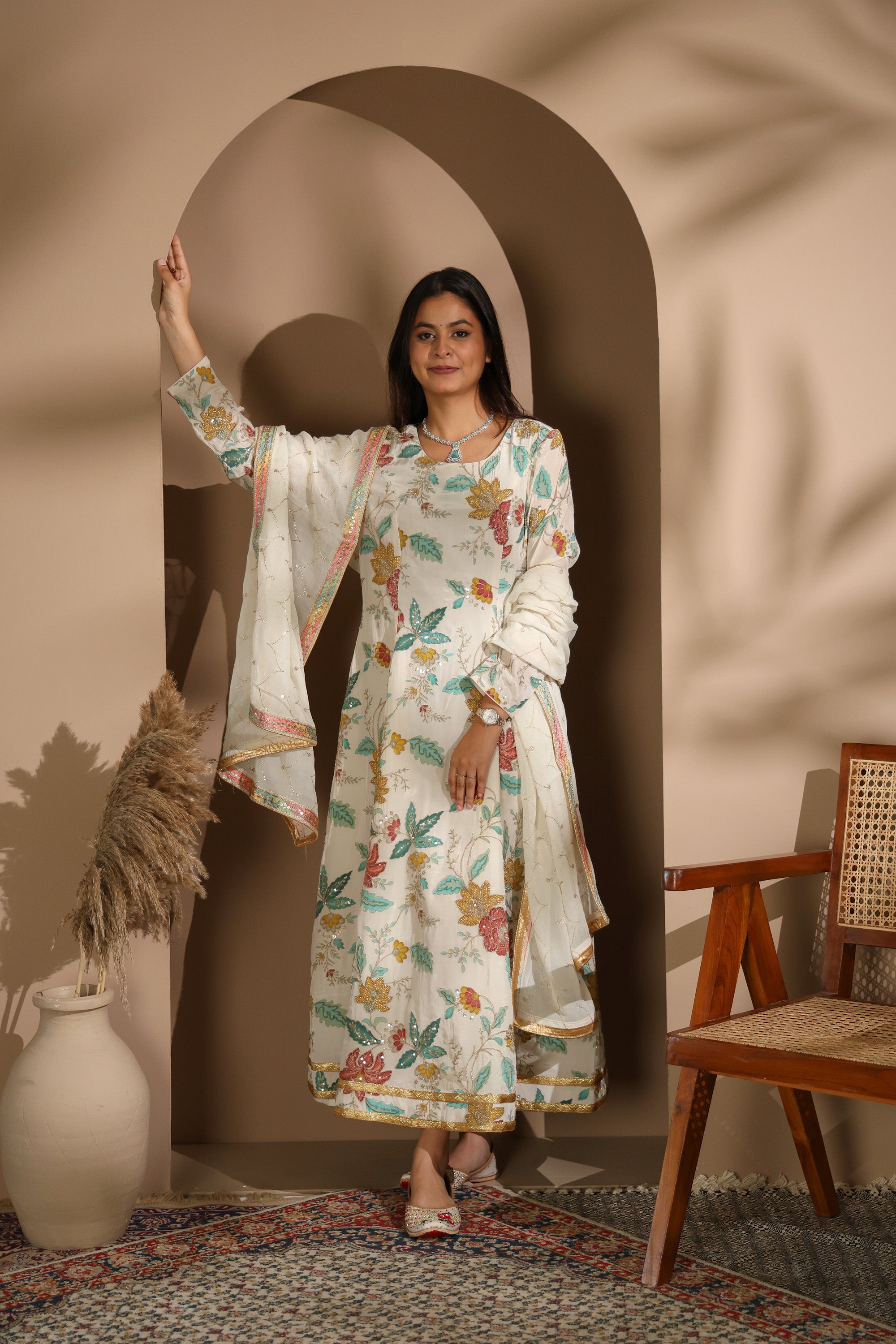Pastel Floral Embroidered Crepe Silk Anarkali Set