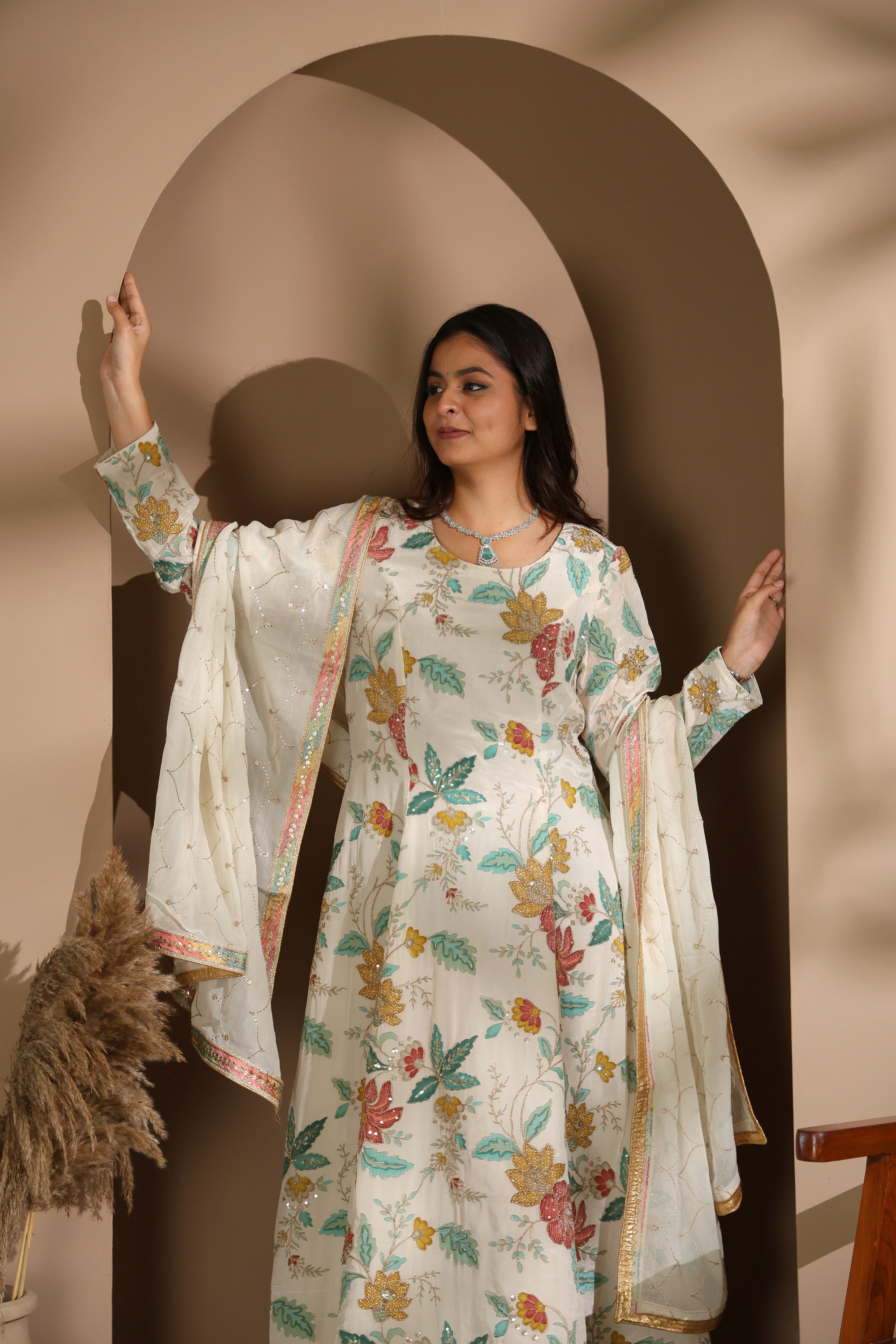 Pastel Floral Embroidered Crepe Silk Anarkali Set