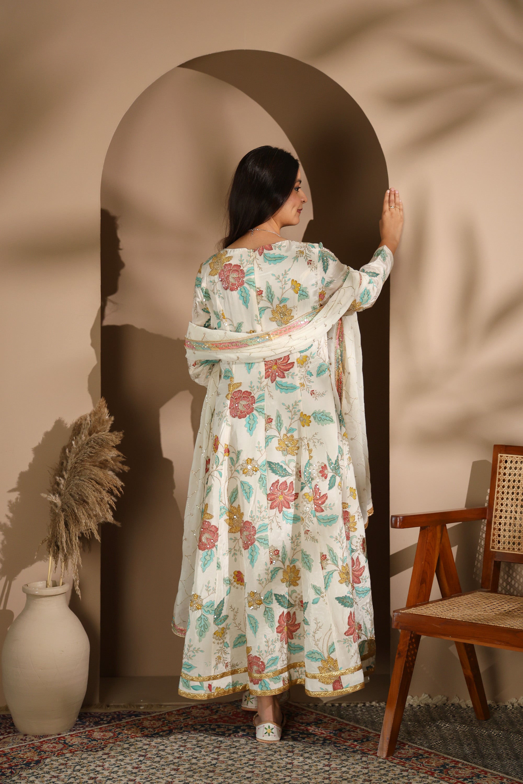 Pastel Floral Embroidered Crepe Silk Anarkali Set