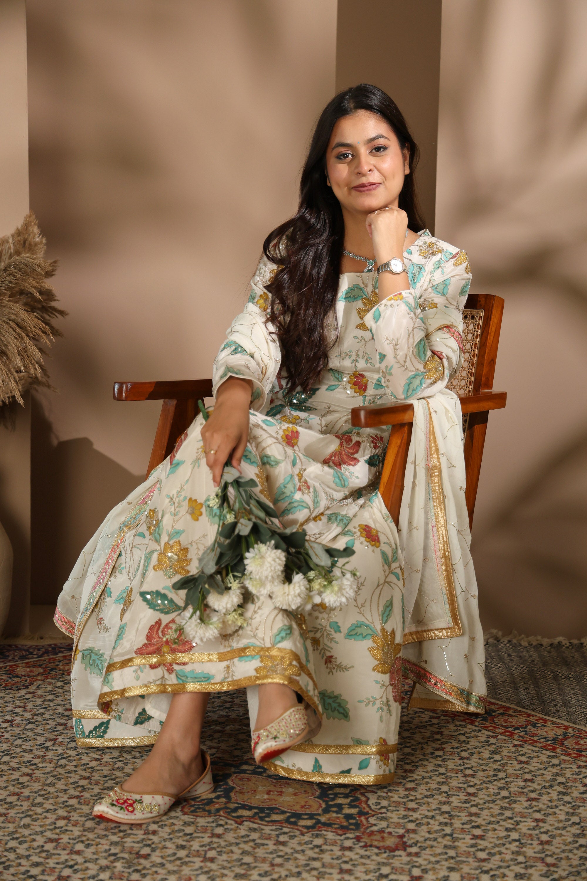 Pastel Floral Embroidered Crepe Silk Anarkali Set