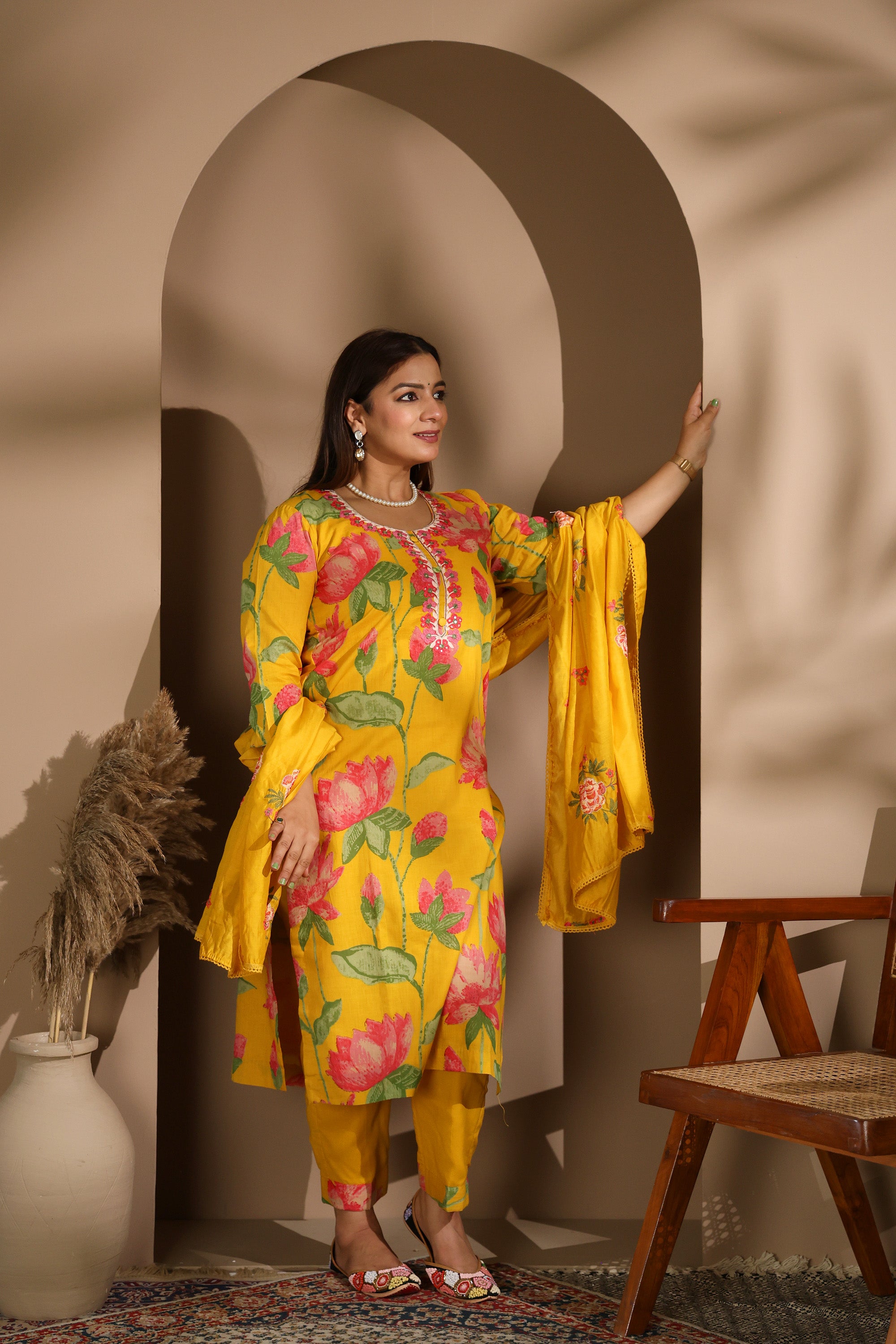 Yellow Cotton Suit Set with Floral Handblock Print & Embroidered Details