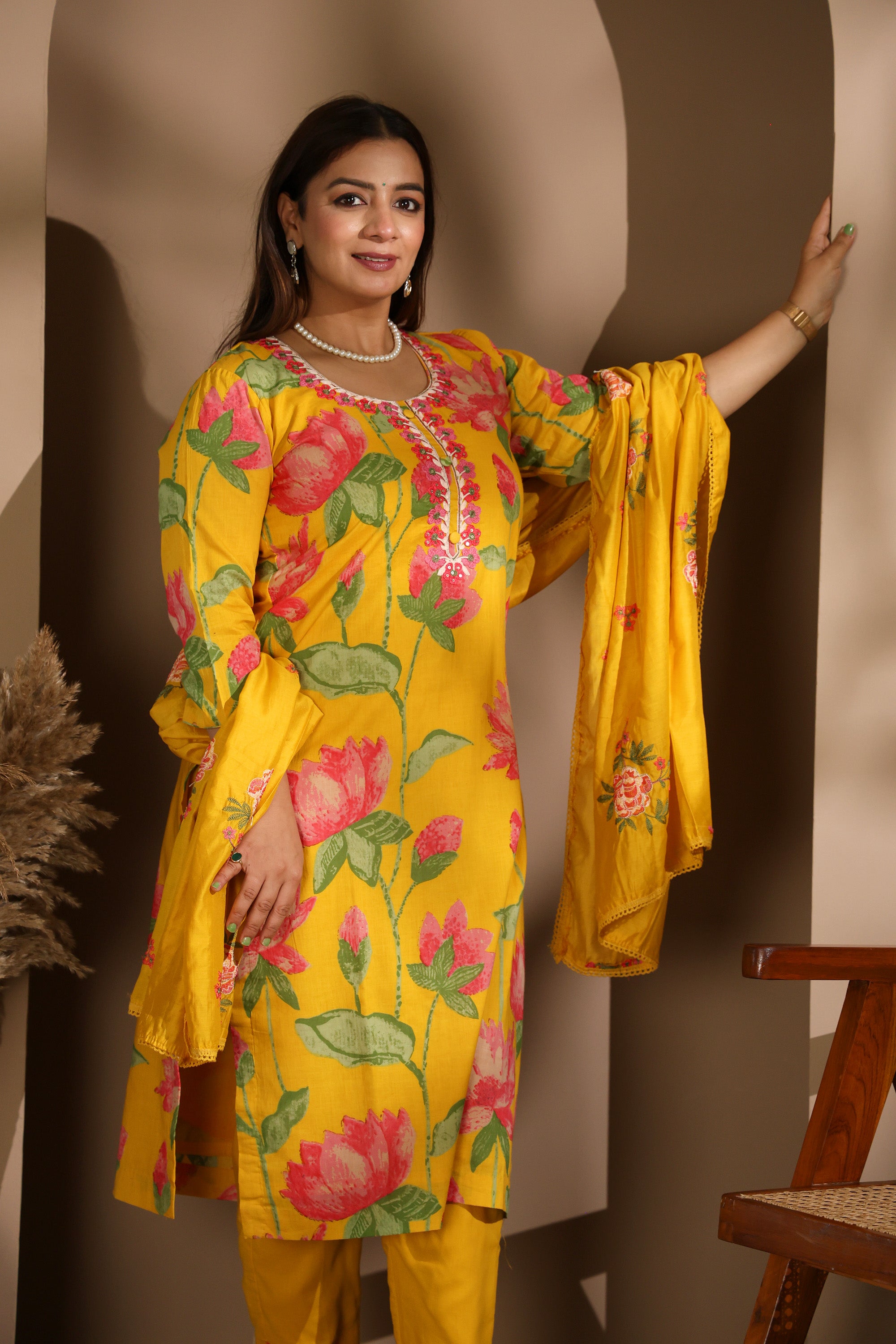 Yellow Cotton Suit Set with Floral Handblock Print & Embroidered Details