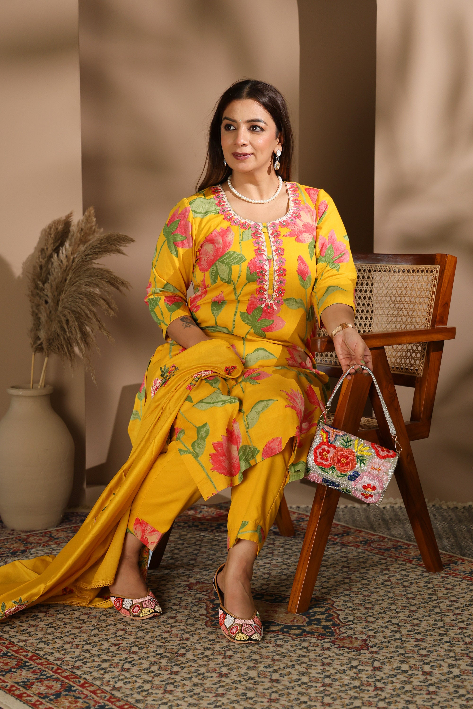 Yellow Cotton Suit Set with Floral Handblock Print & Embroidered Details