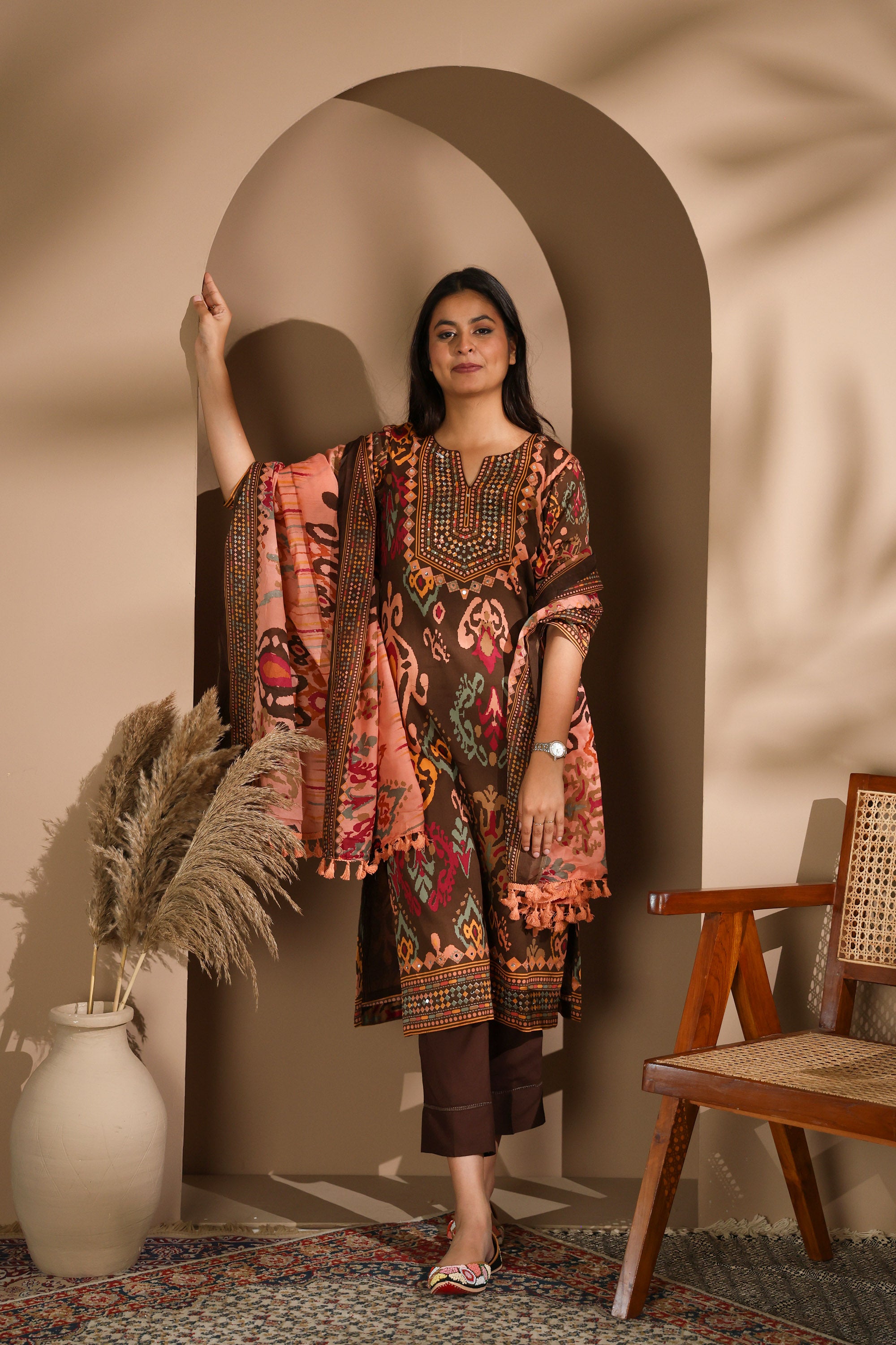 Brown Tribal Print Kurta Set with embroidered Neckline