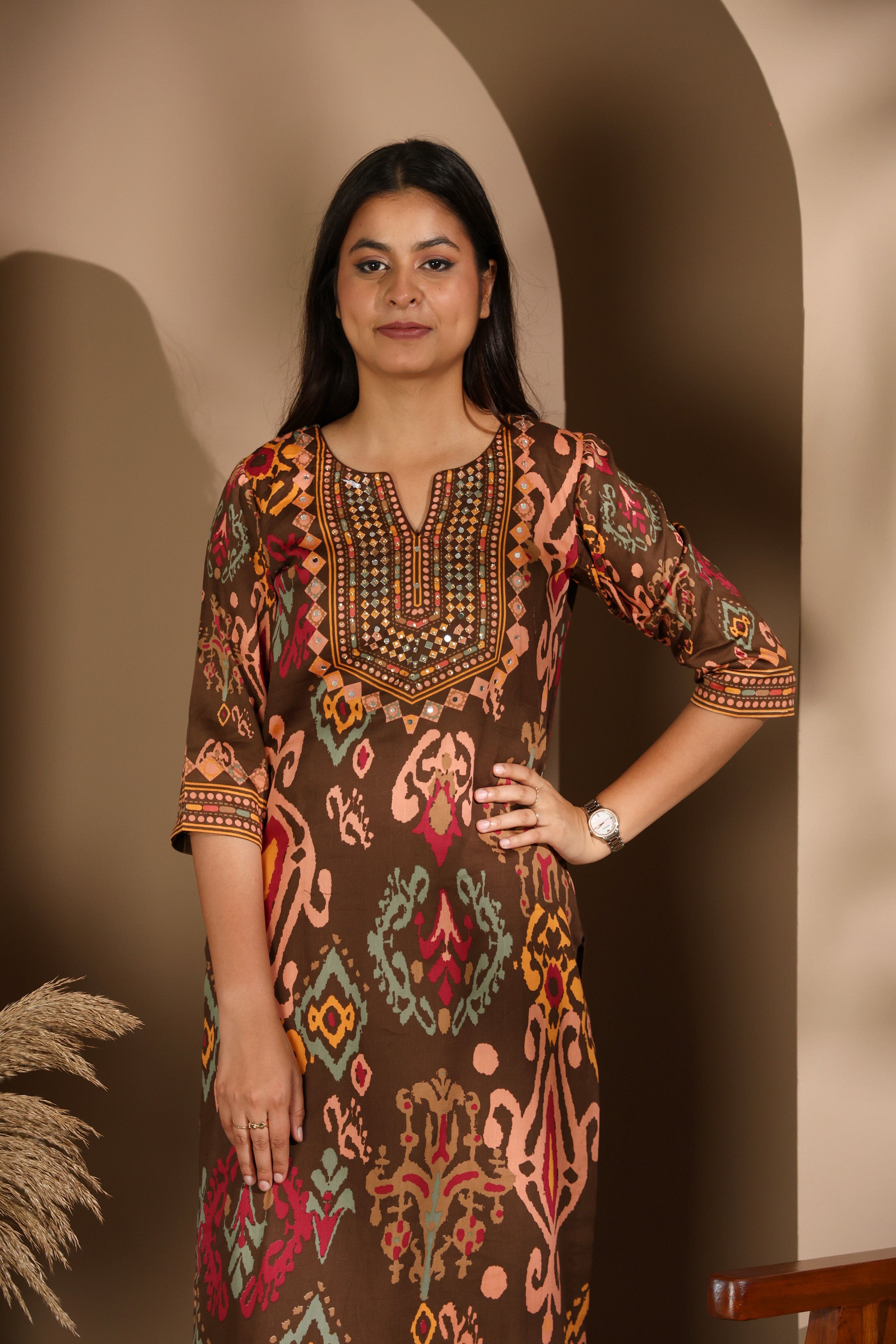 Brown Tribal Print Kurta Set with embroidered Neckline