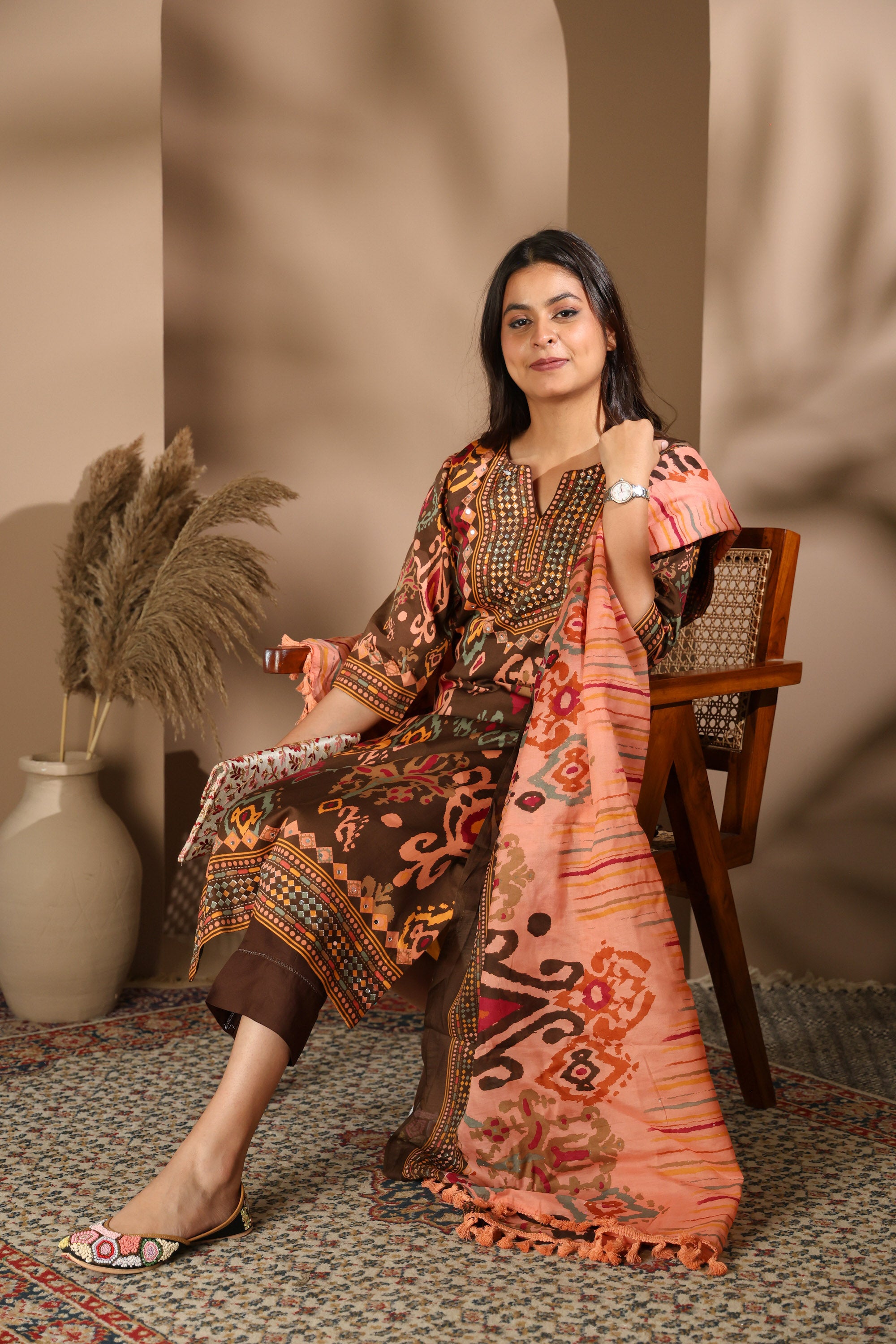Brown Tribal Print Kurta Set with embroidered Neckline