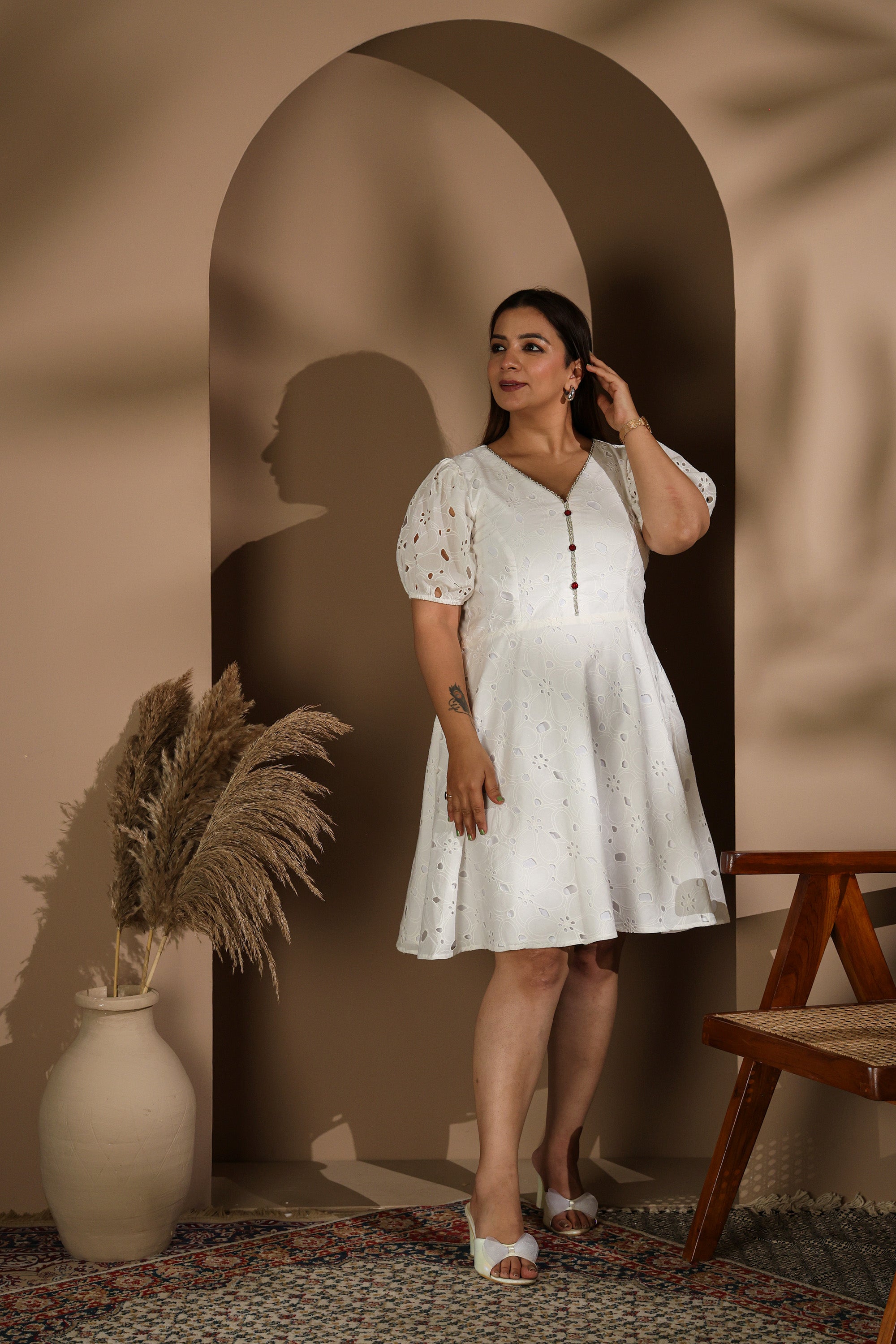 White Hakoba Cotton Dress with V-Neck & Puff Sleeves