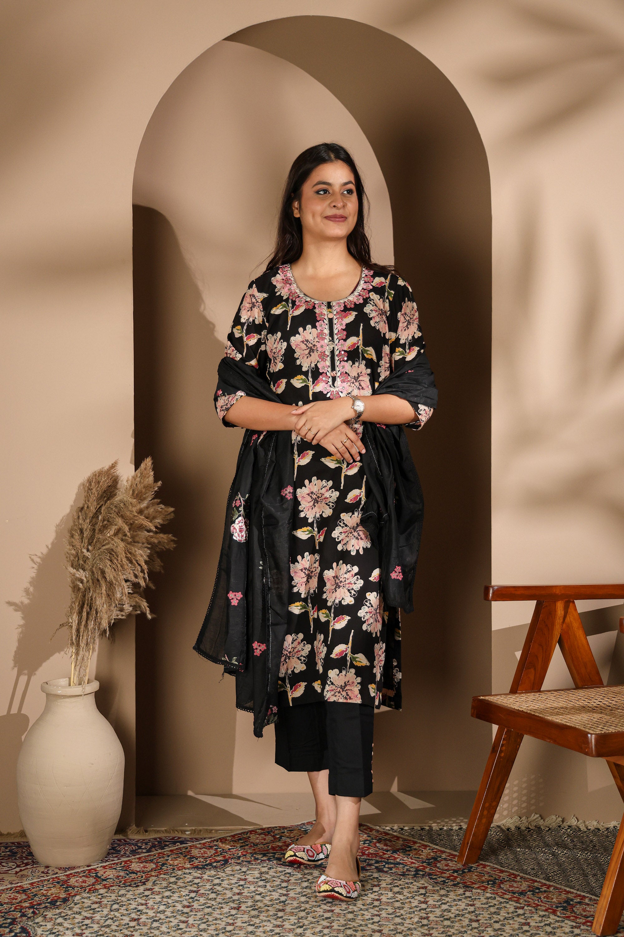 Black Kurta Set with Pink Floral Prints & Embroidered Neckline