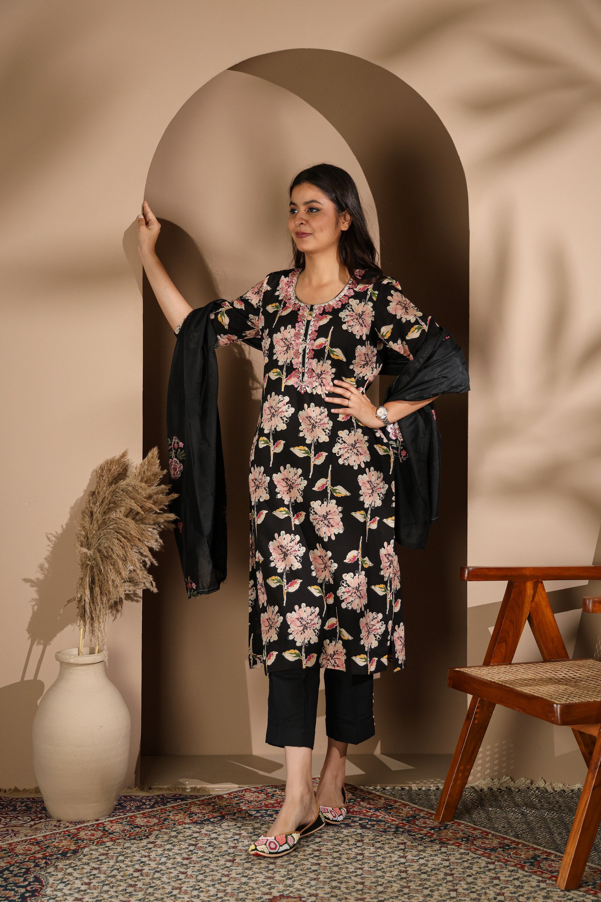 Black Kurta Set with Pink Floral Prints & Embroidered Neckline