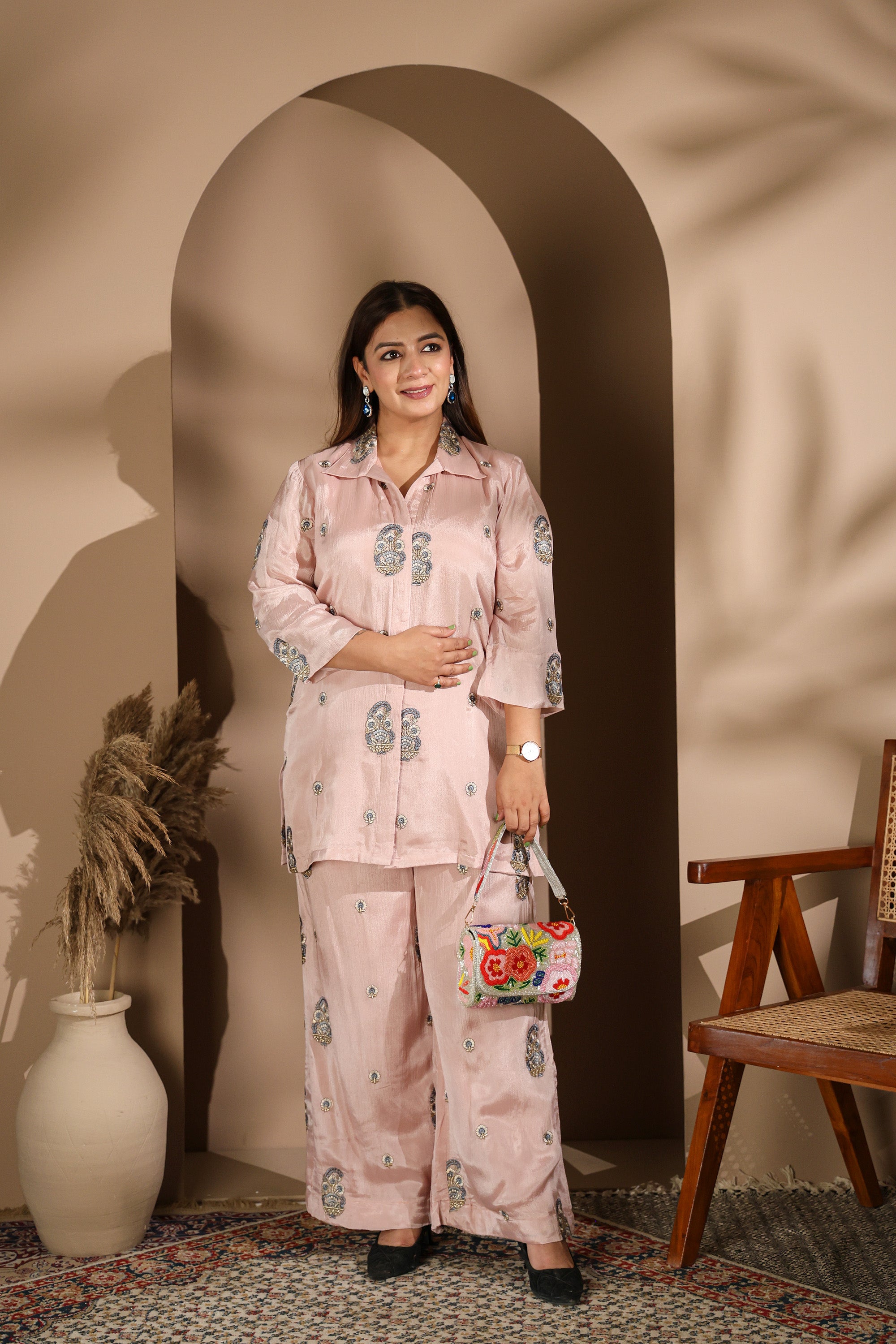 Crepe Silk Indo-Western Blazer & Flared Pants Set