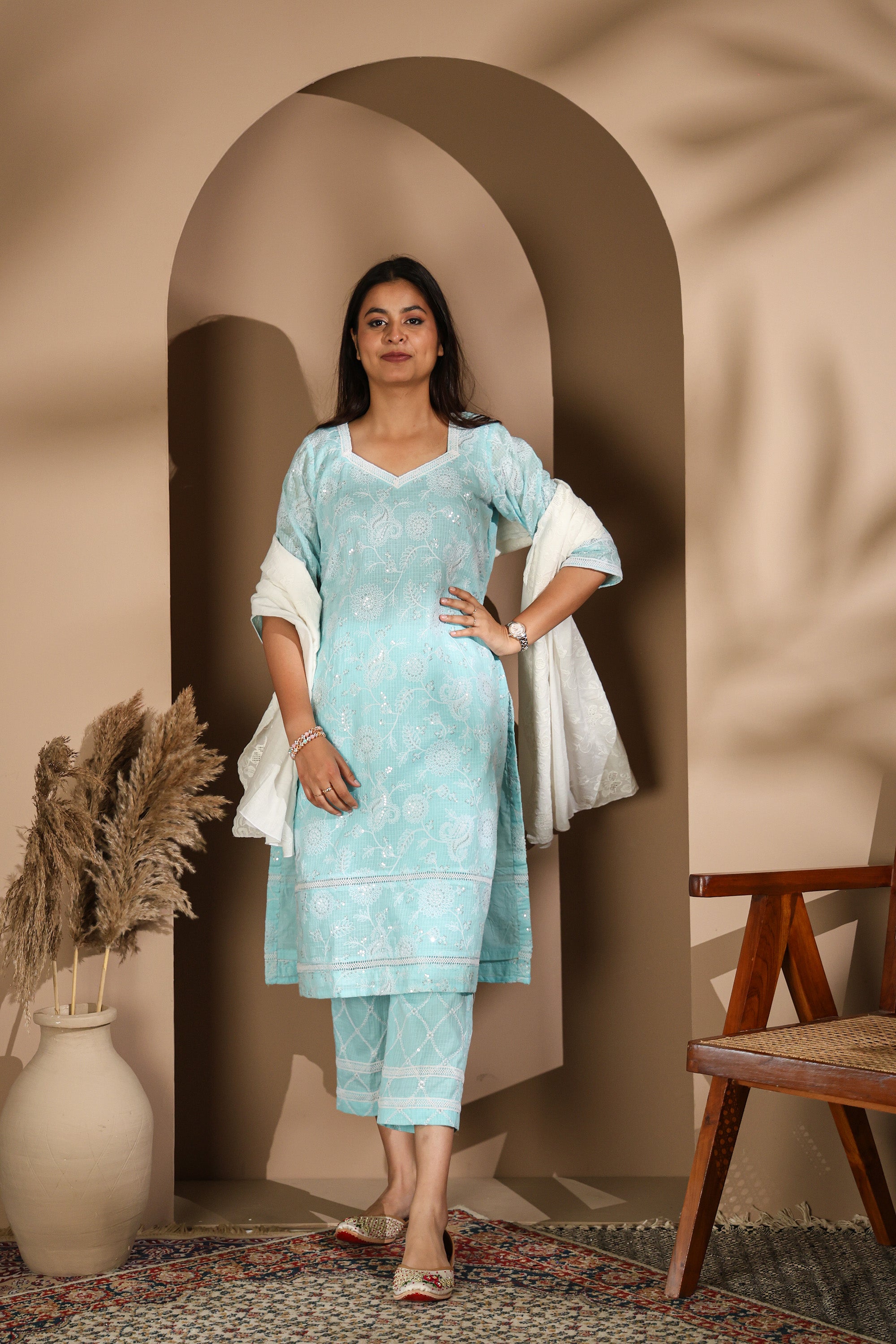 Pastel Blue Cotton Chikankari Suit Set with Dupatta / Pastel Pink/ Pastle green
