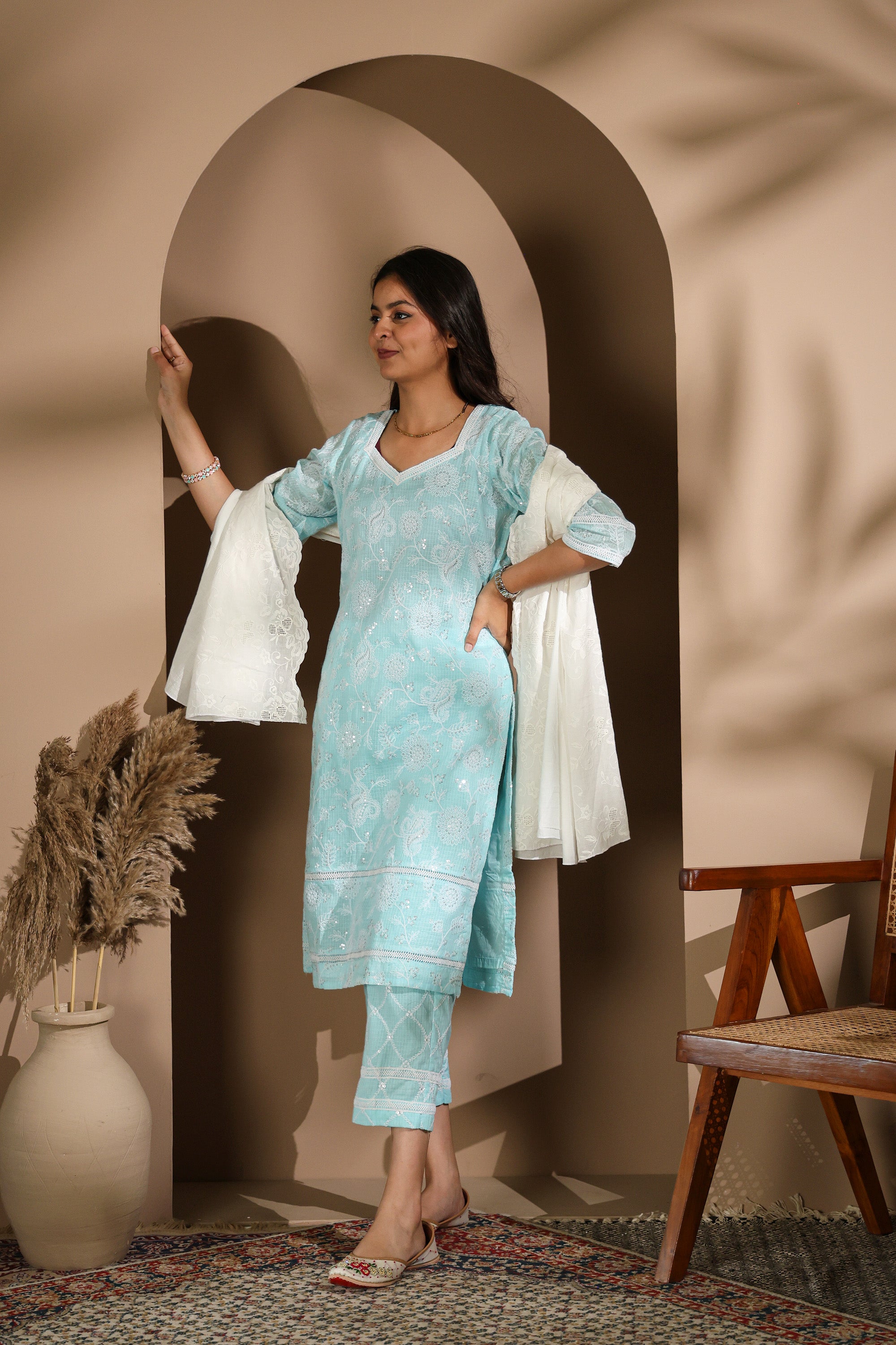 Pastel Blue Cotton Chikankari Suit Set with Dupatta / Pastel Pink/ Pastle green