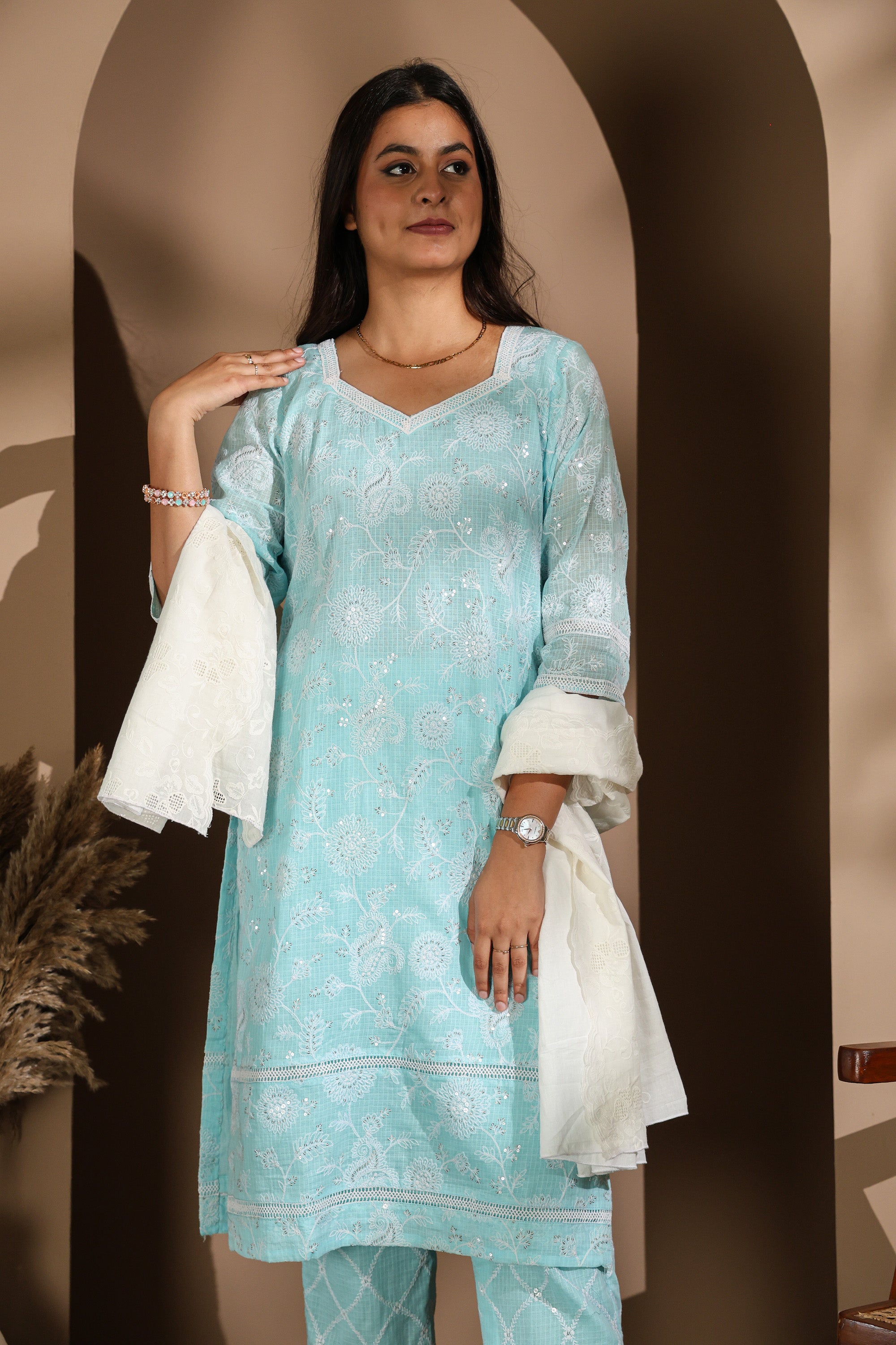 Pastel Blue Cotton Chikankari Suit Set with Dupatta / Pastel Pink/ Pastle green