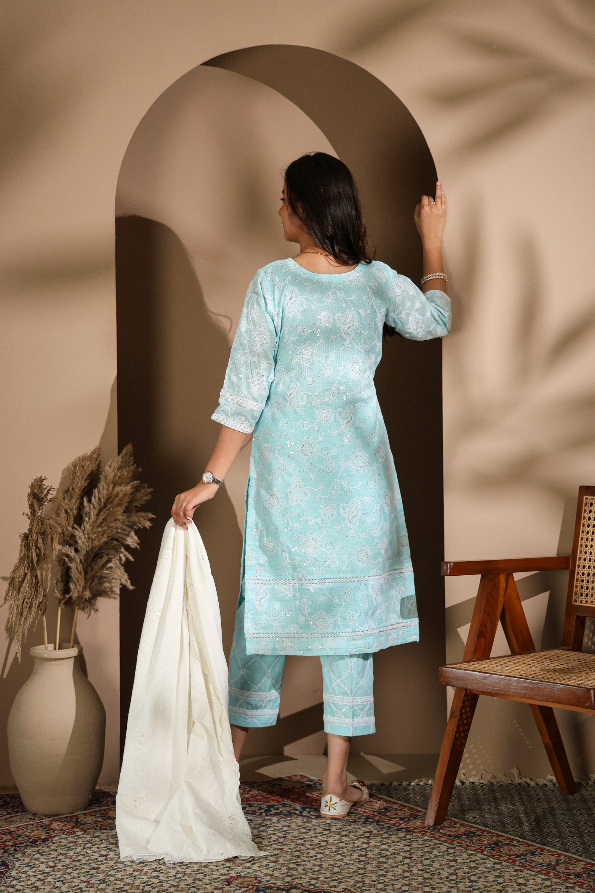 Pastel Blue Cotton Chikankari Suit Set with Dupatta / Pastel Pink/ Pastle green