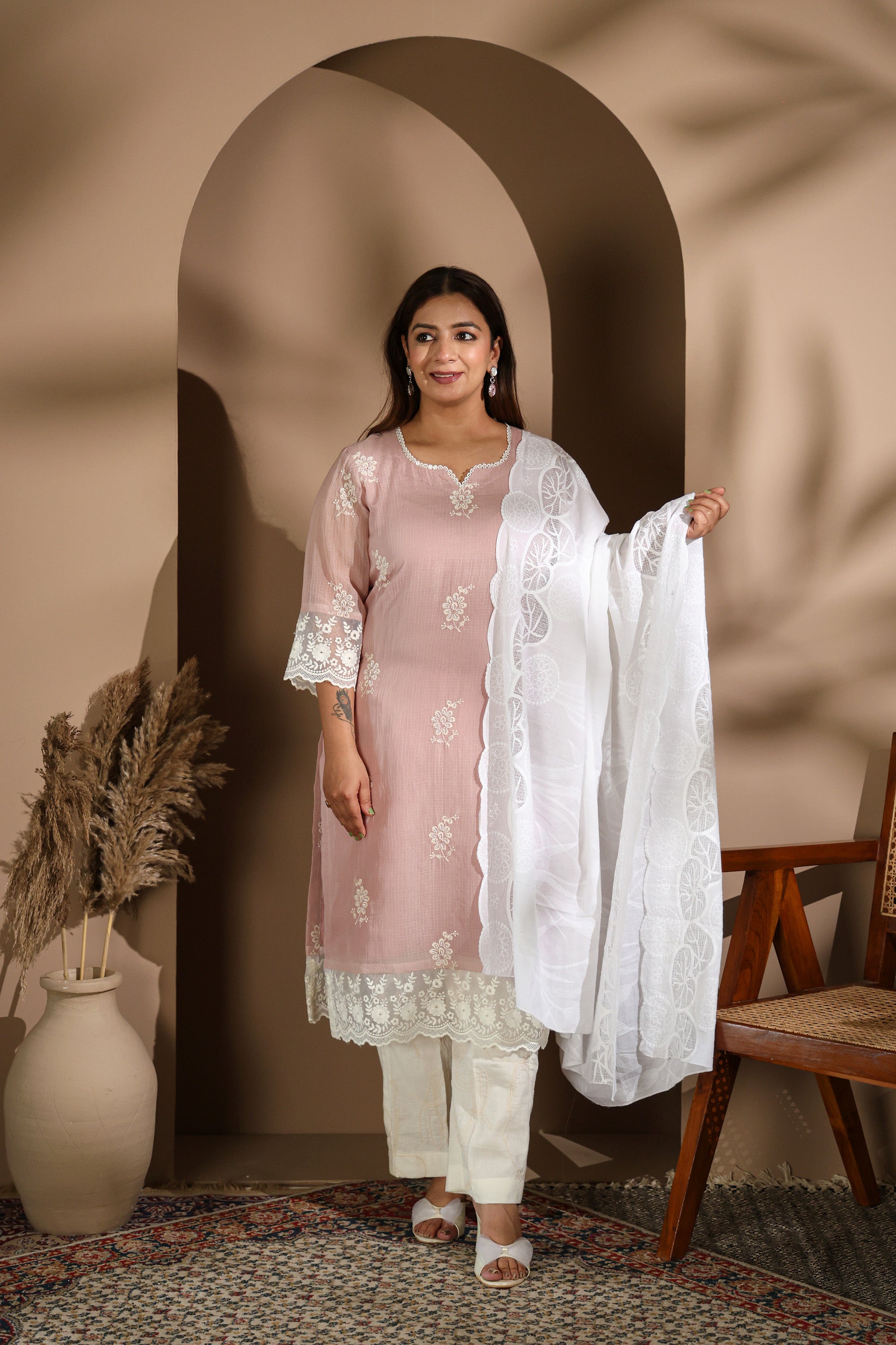 Nude Pink Embroidered Suit Set with White Dupatta