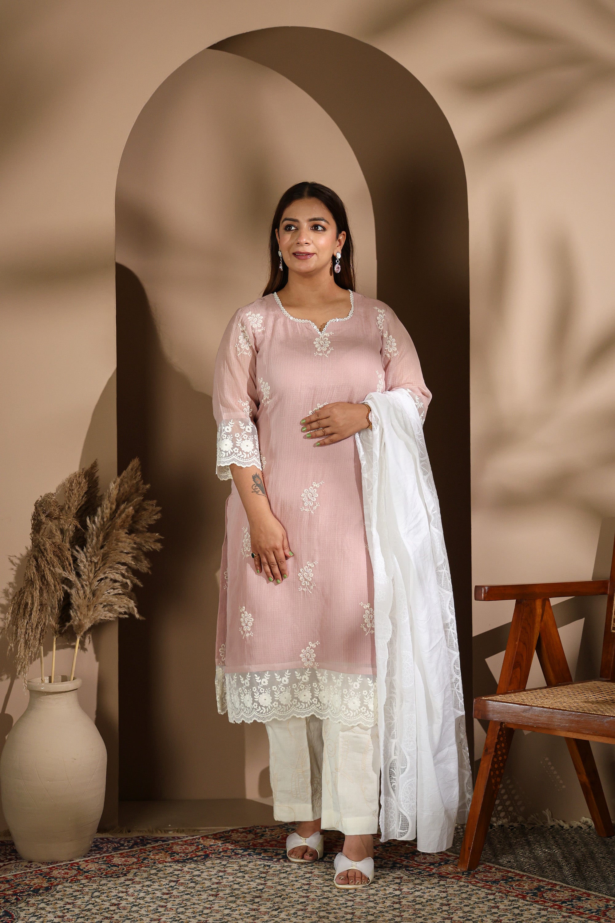 Nude Pink Embroidered Suit Set with White Dupatta