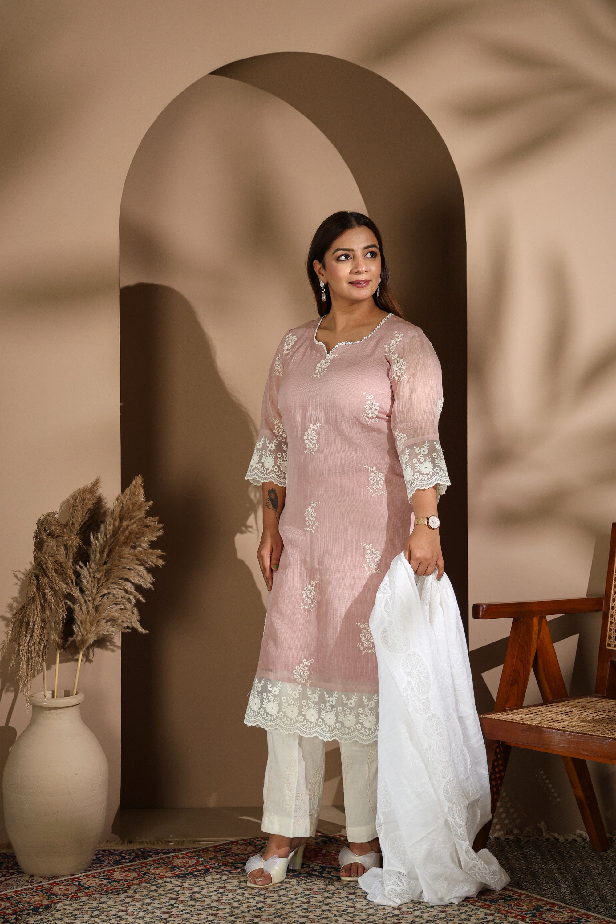 Nude Pink Embroidered Suit Set with White Dupatta