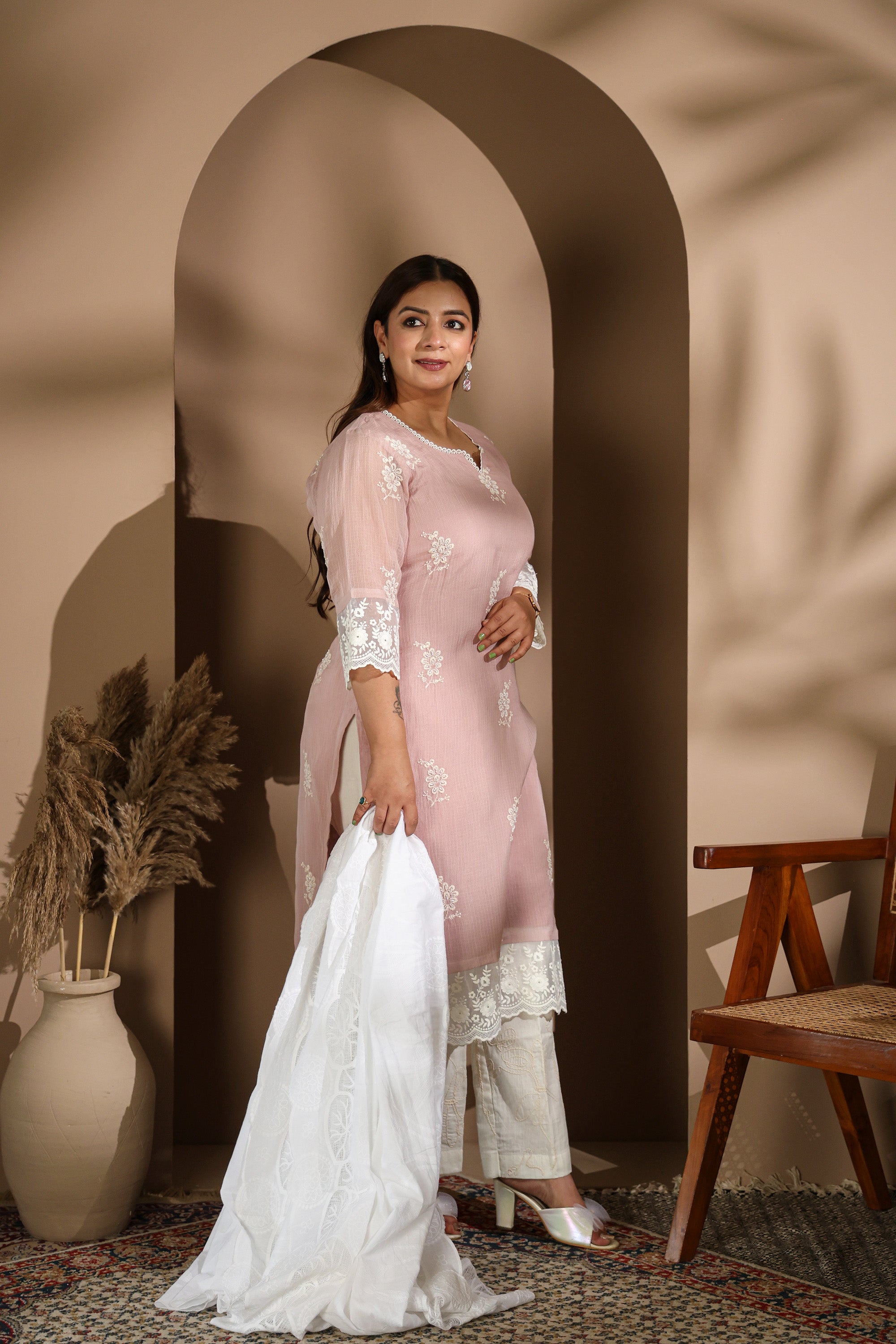 Nude Pink Embroidered Suit Set with White Dupatta