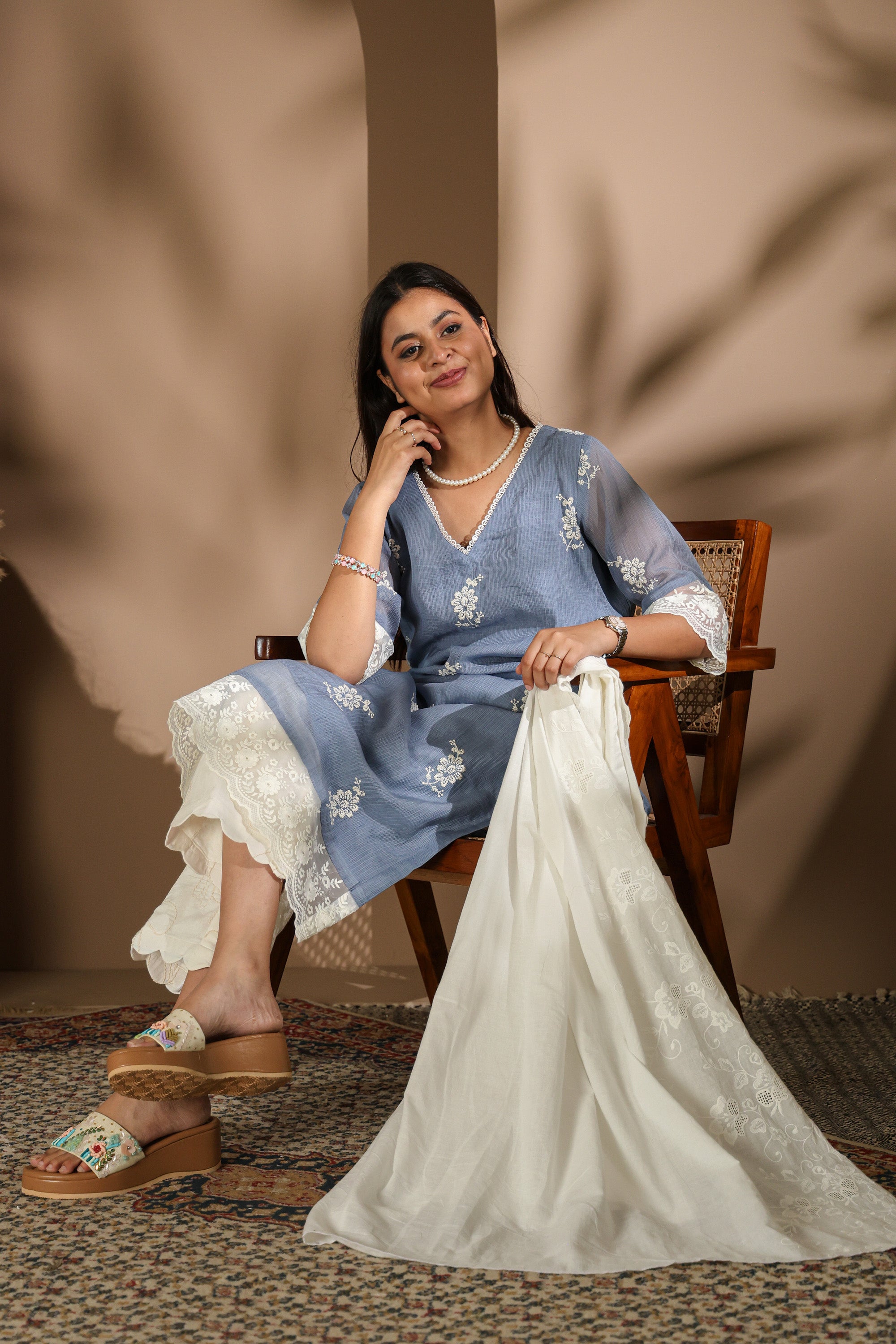Nude Grey Kurta Set with Delicate Blue Embroidery
