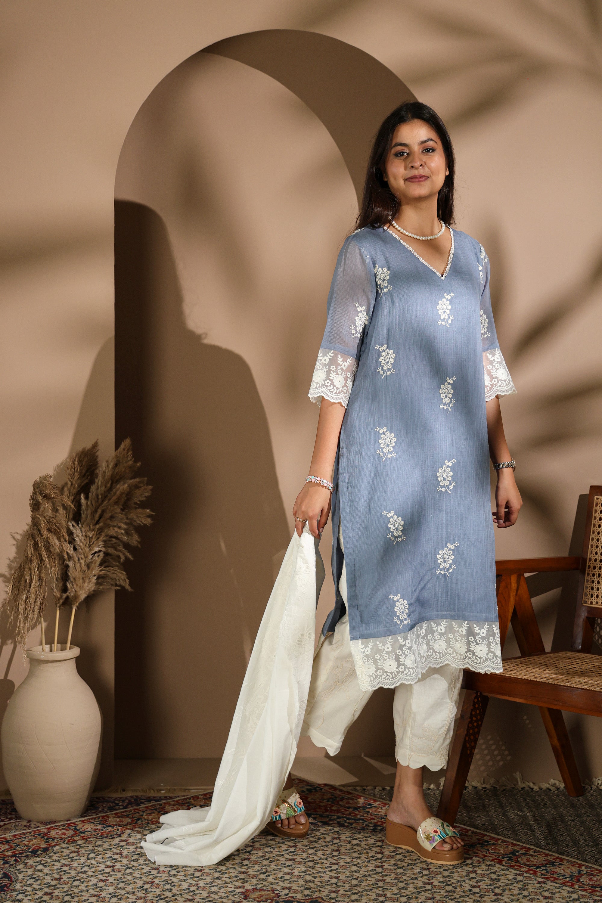 Nude Grey Kurta Set with Delicate Blue Embroidery