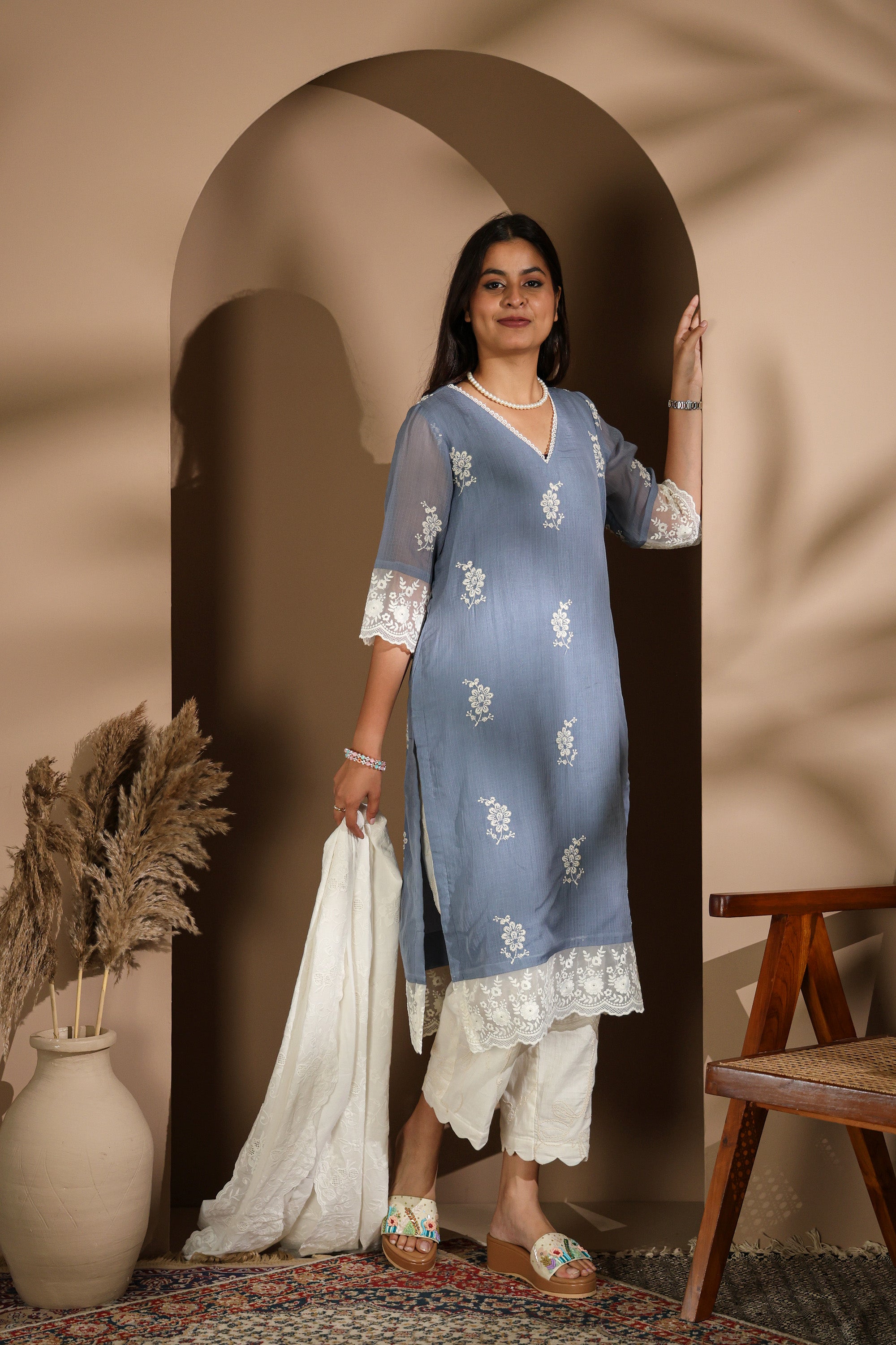 Nude Grey Kurta Set with Delicate Blue Embroidery