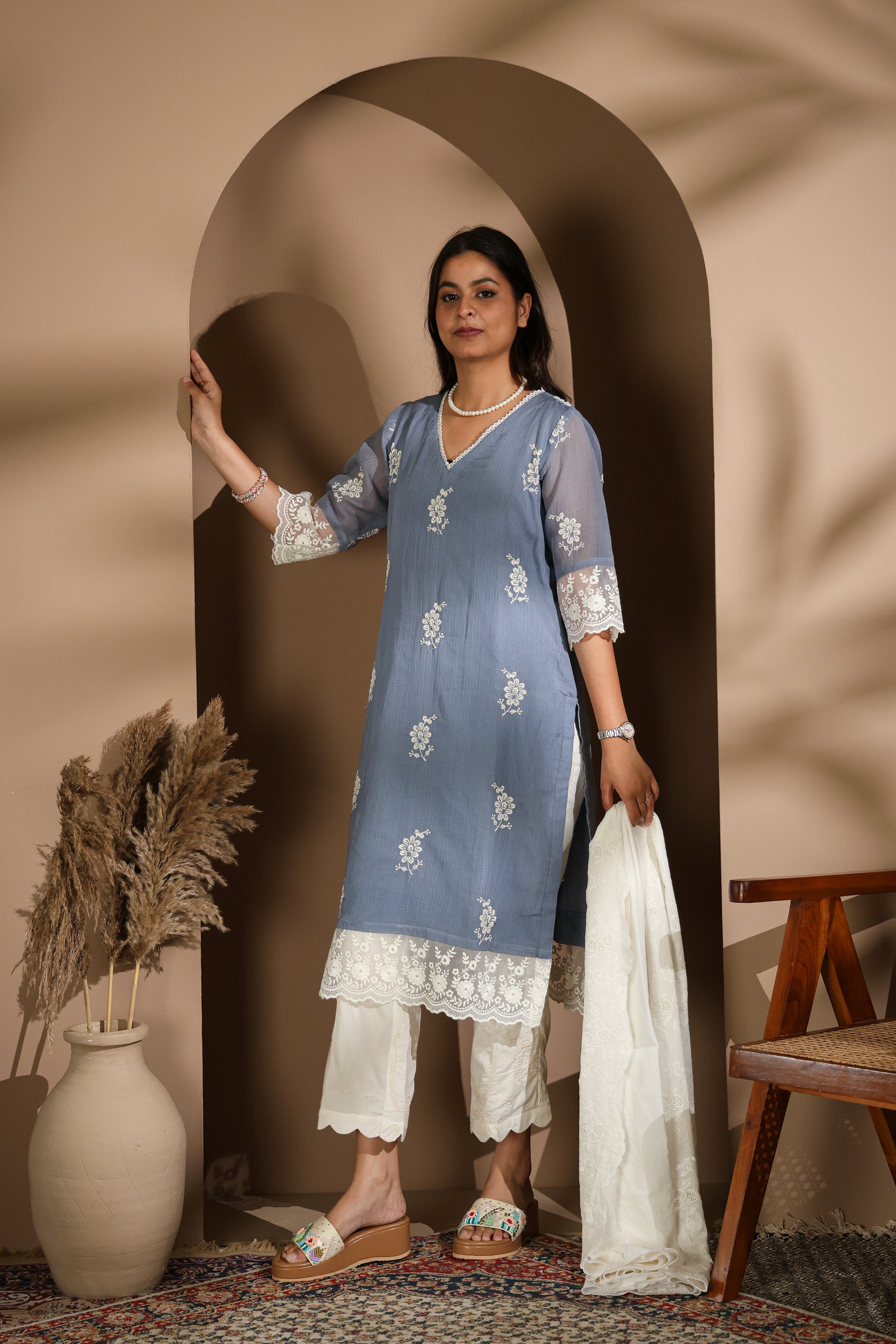 Nude Grey Kurta Set with Delicate Blue Embroidery