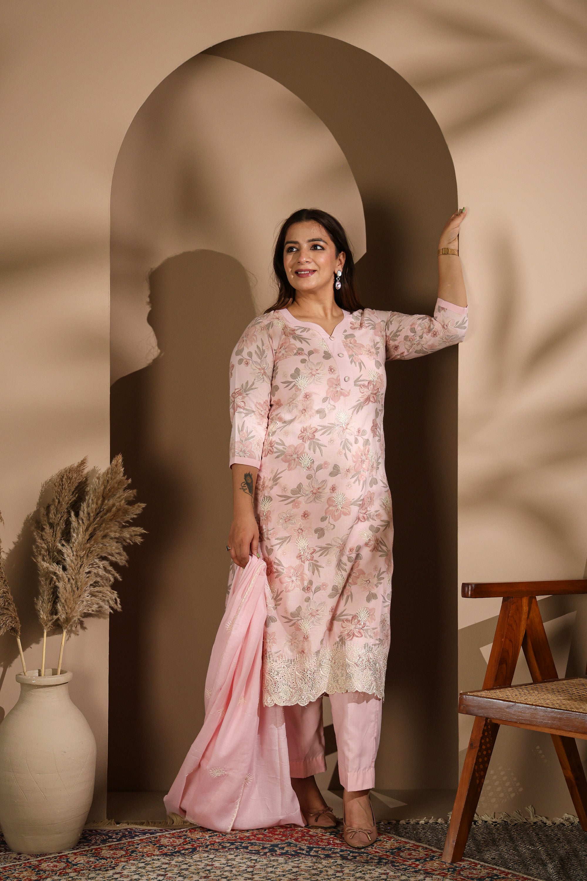 Pastel Pink Floral Printed Kurta Set with Embroidered Dupatta
