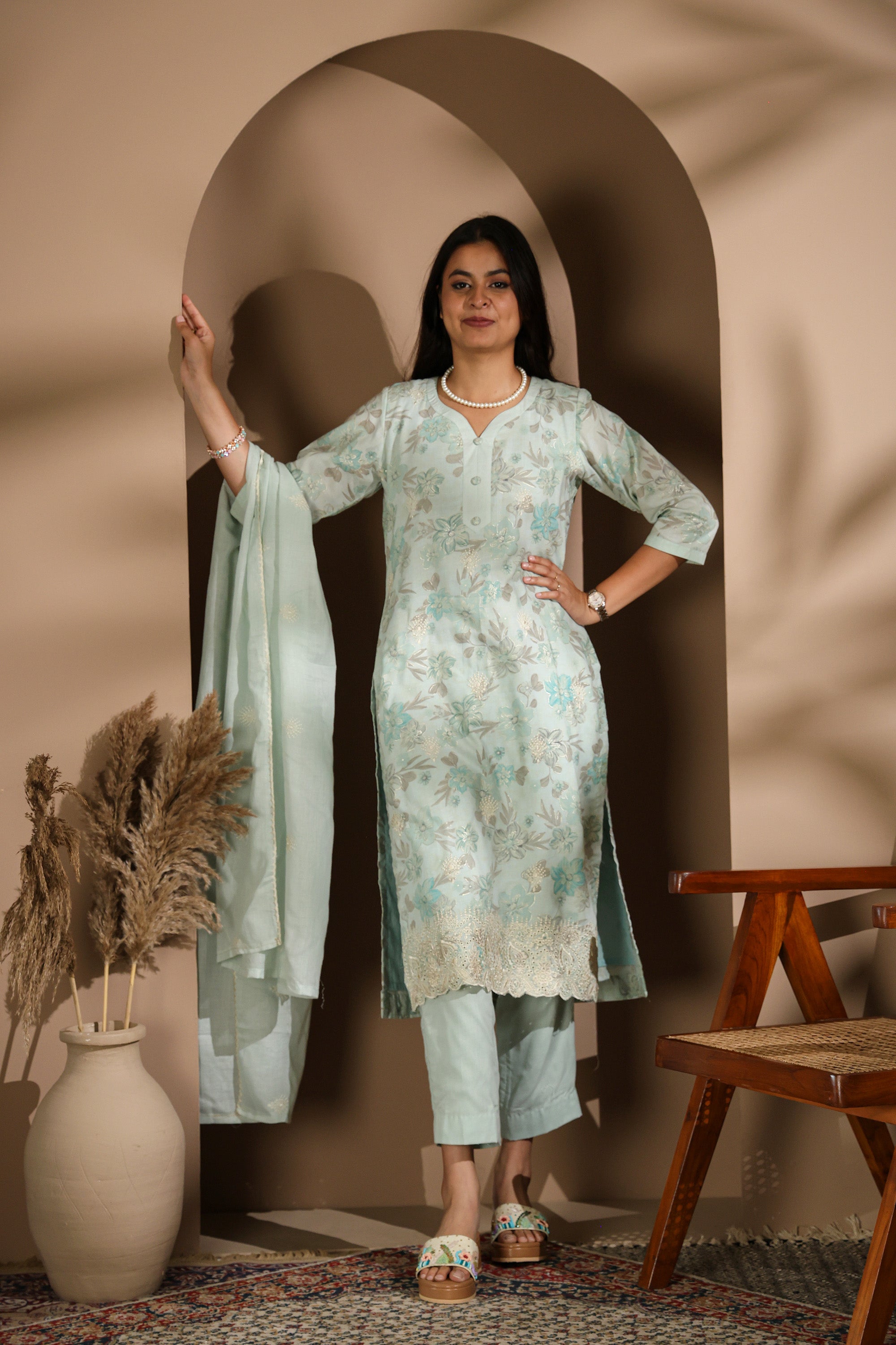 Pastel Mint Green Floral Kurta Set with Embroidered Dupatta