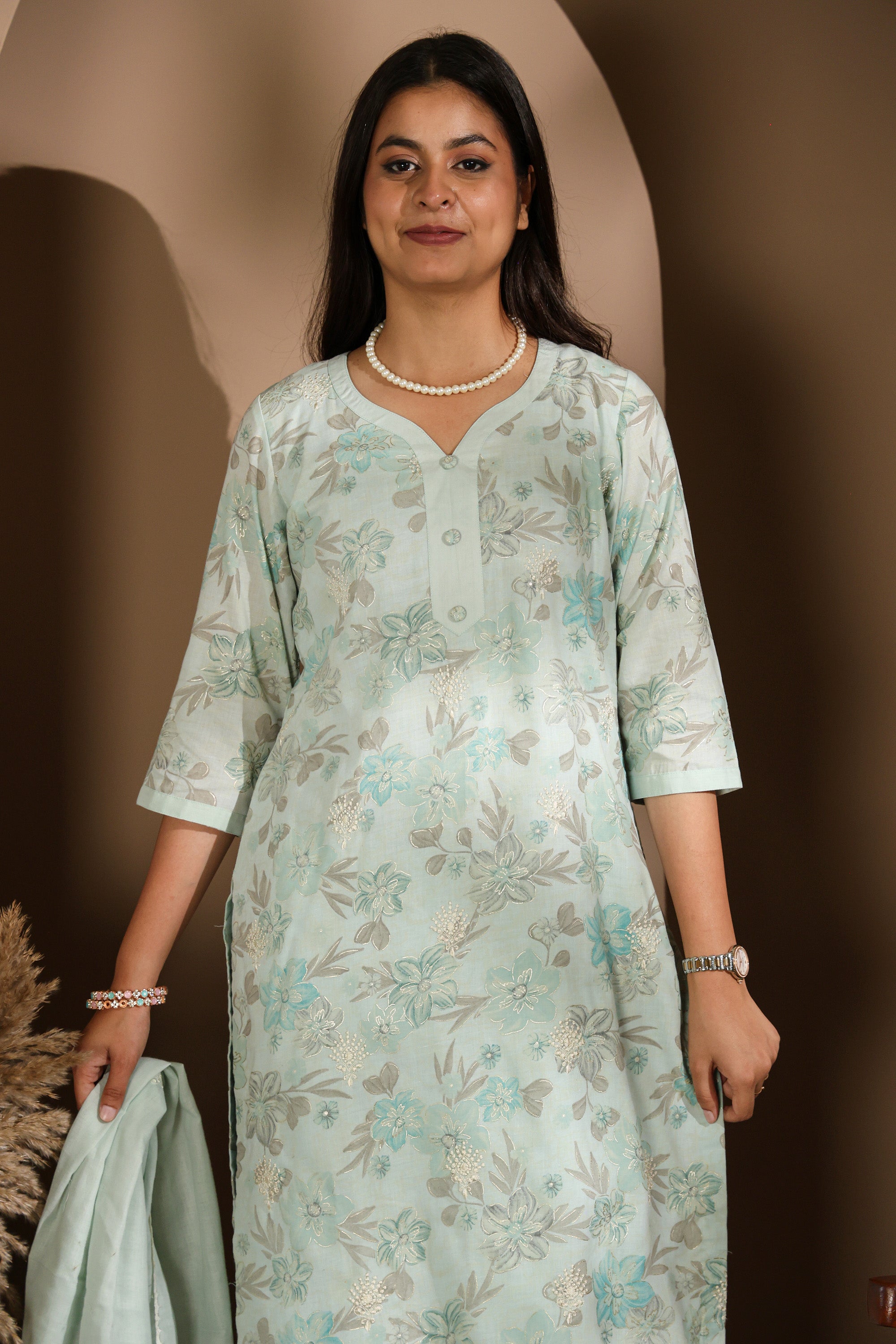 Pastel Mint Green Floral Kurta Set with Embroidered Dupatta