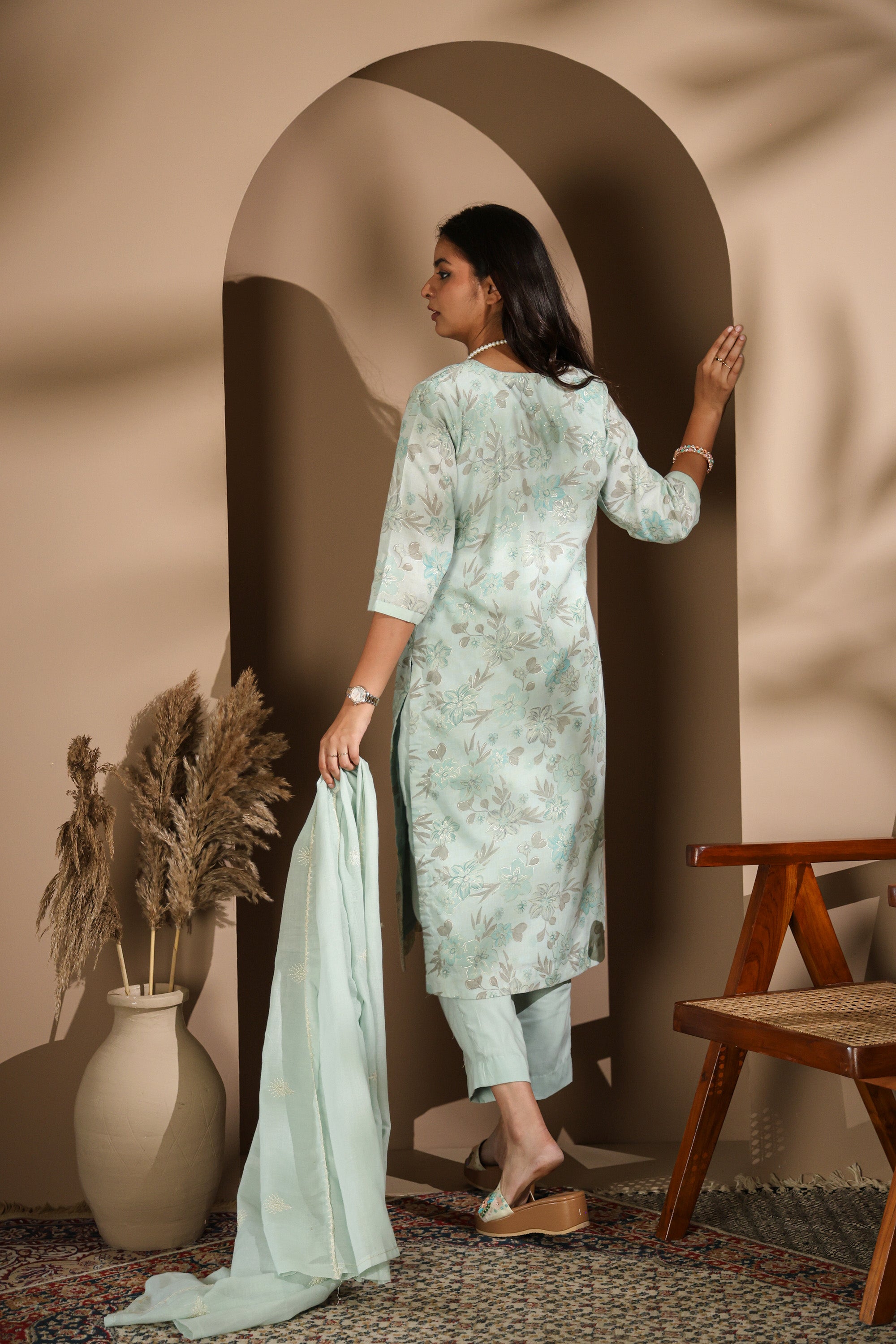 Pastel Mint Green Floral Kurta Set with Embroidered Dupatta