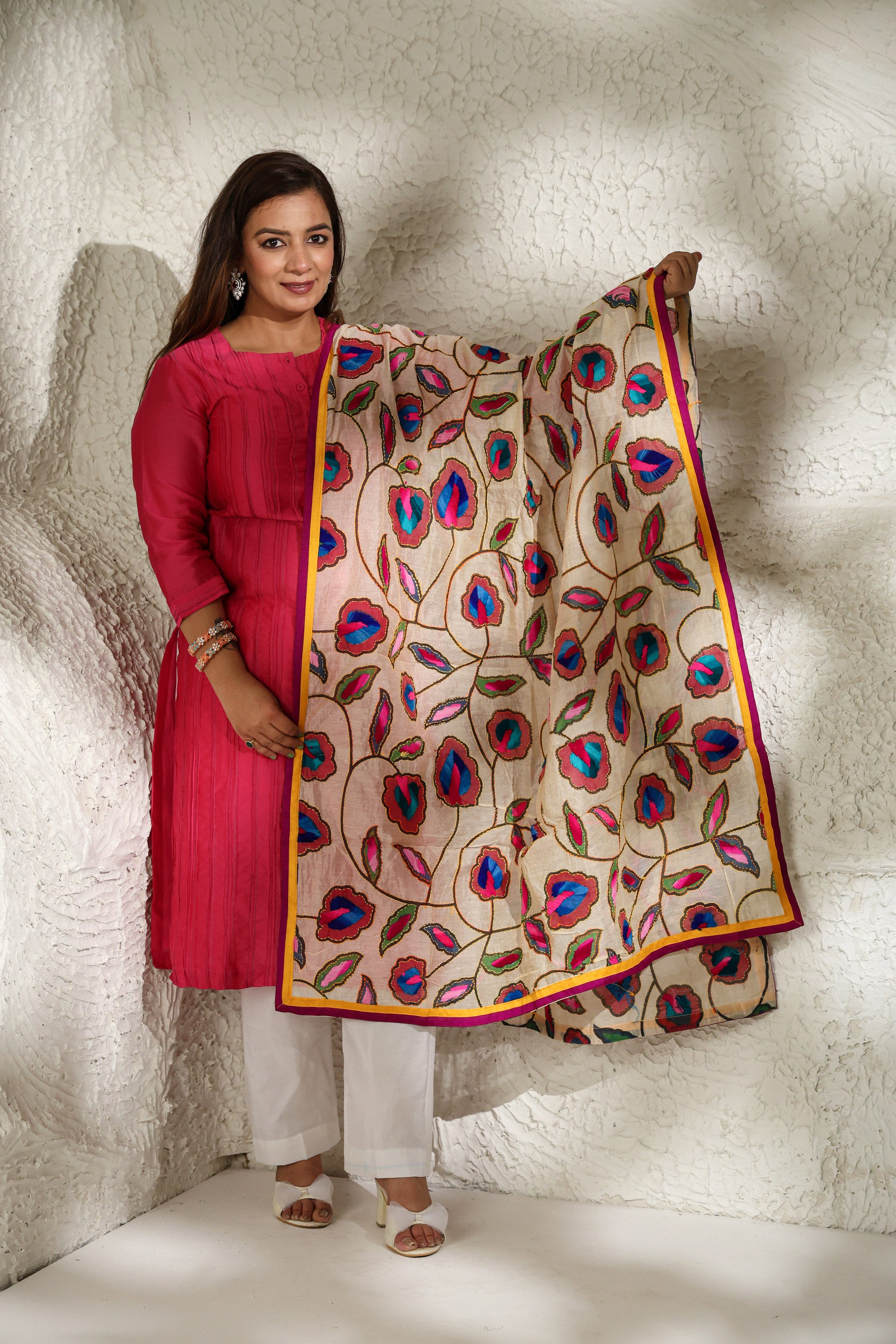 Cream Kantha Embroidered Dupatta