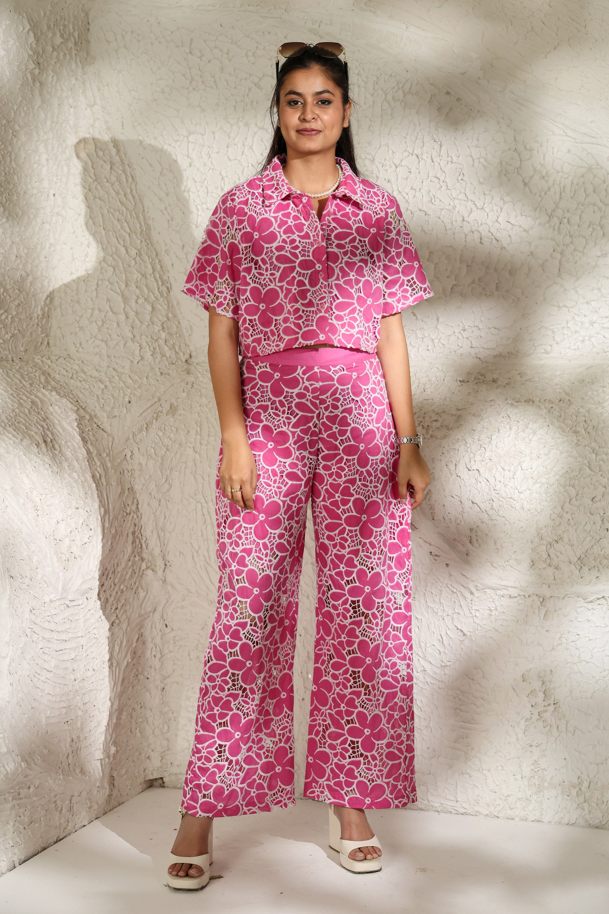 Fresh Pink Hakoba Embroidered Cambric Cotton Co-Ord Set