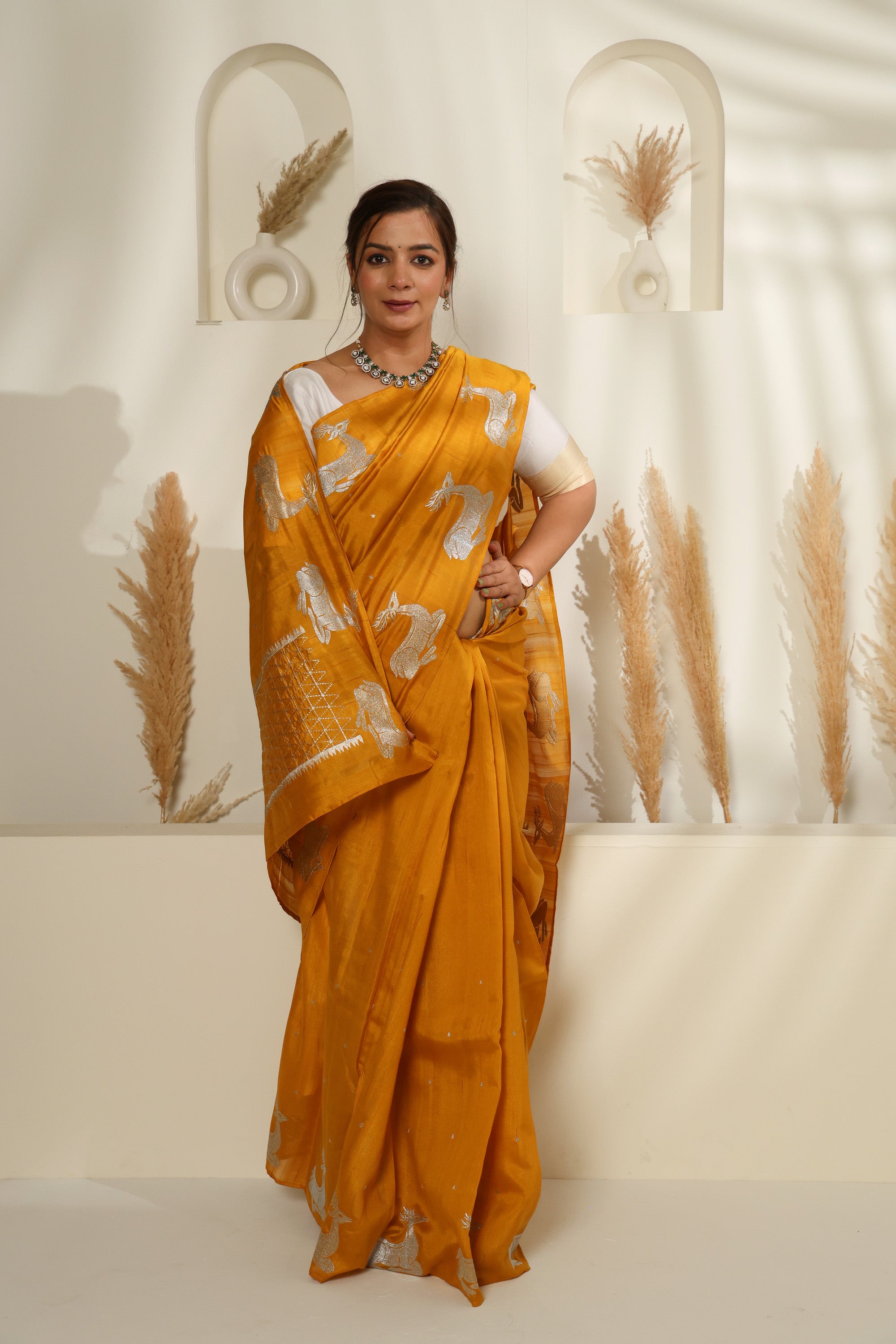 Mustard Yellow Silk Saree with Gold & Silver Zari and Deer Motifs