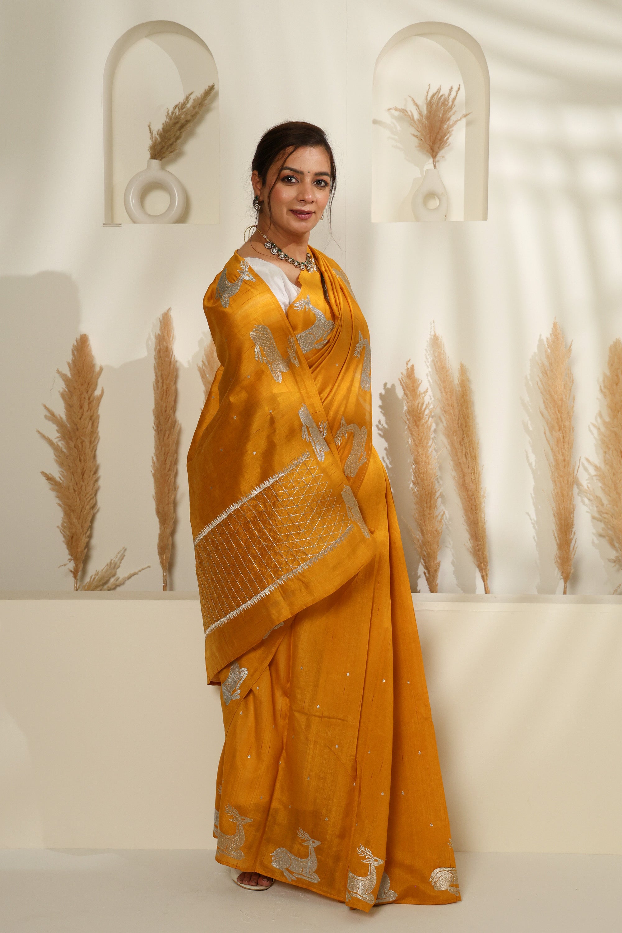 Mustard Yellow Silk Saree with Gold & Silver Zari and Deer Motifs