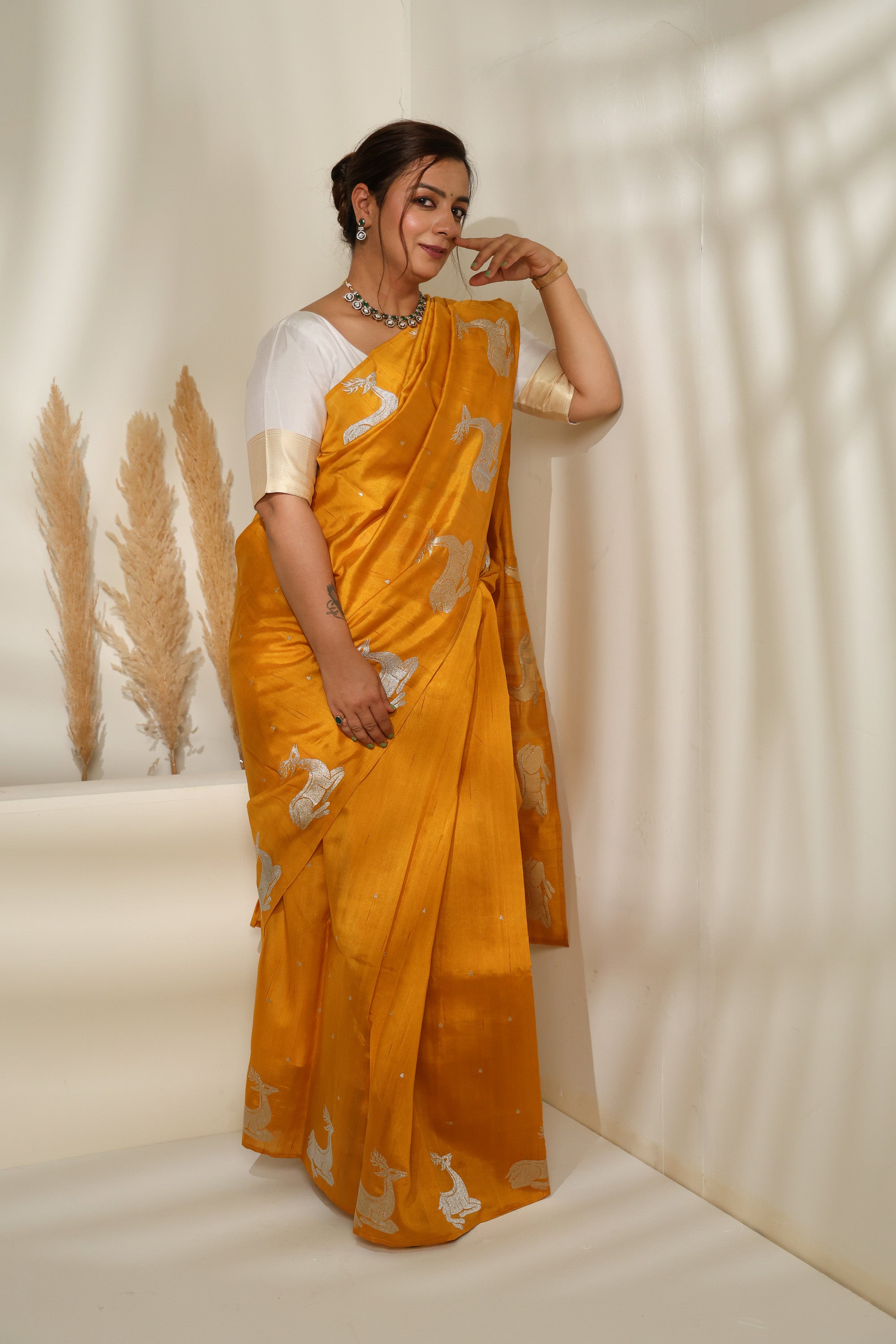 Mustard Yellow Silk Saree with Gold & Silver Zari and Deer Motifs