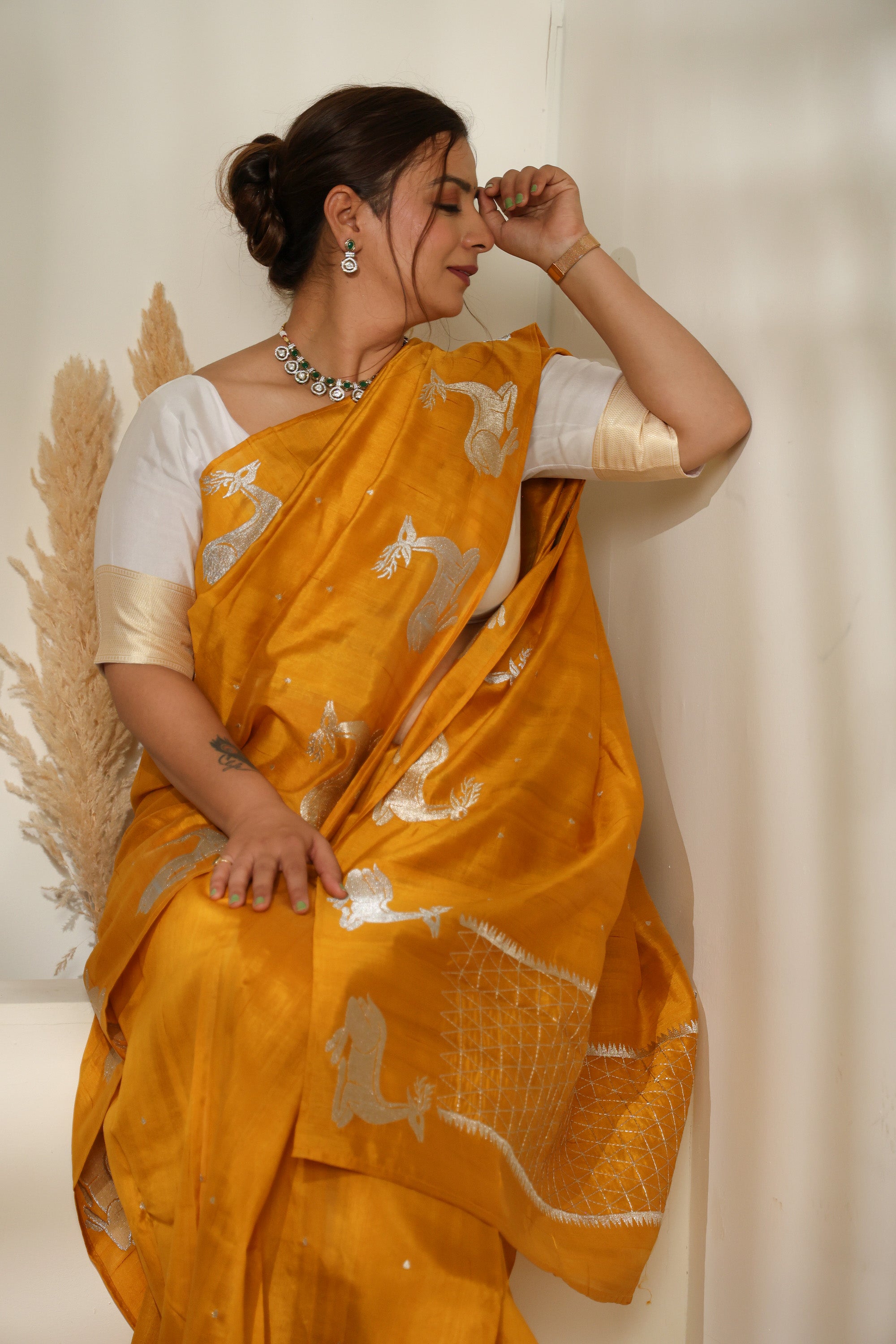 Mustard Yellow Silk Saree with Gold & Silver Zari and Deer Motifs