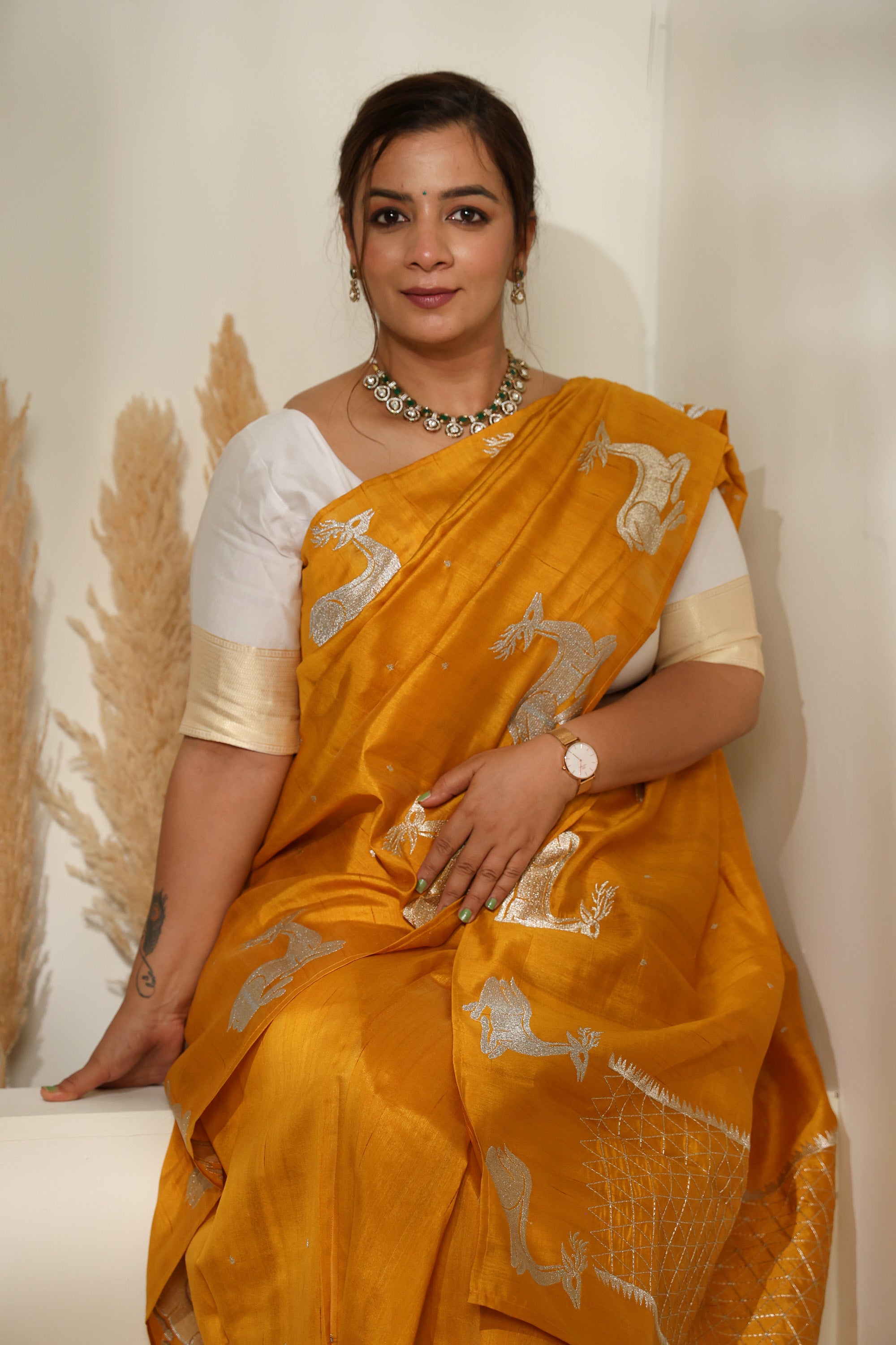 Mustard Yellow Silk Saree with Gold & Silver Zari and Deer Motifs