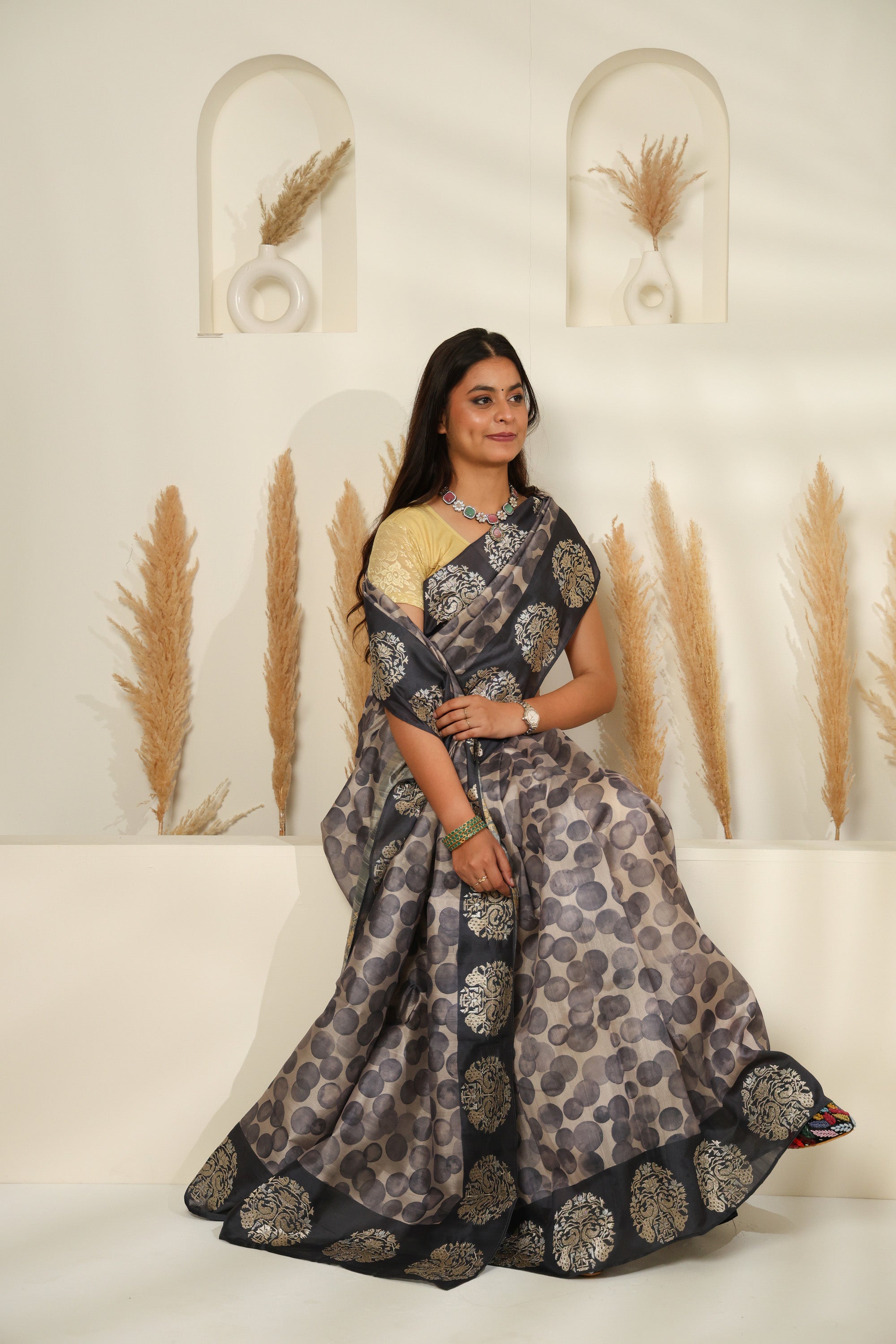 Soft Grey Silk-Blend Saree with Polka Dots & Golden Floral Border