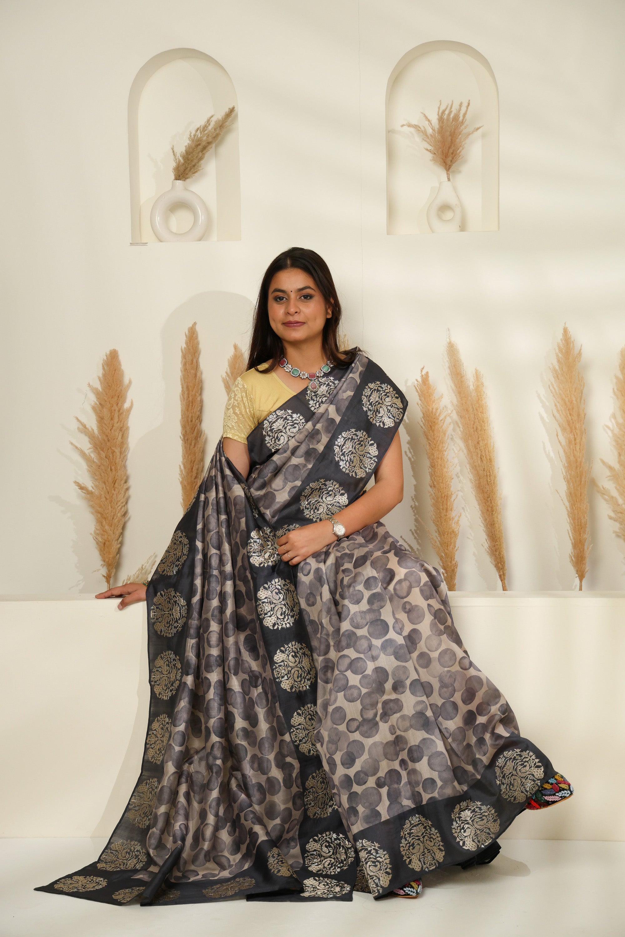 Soft Grey Silk-Blend Saree with Polka Dots & Golden Floral Border
